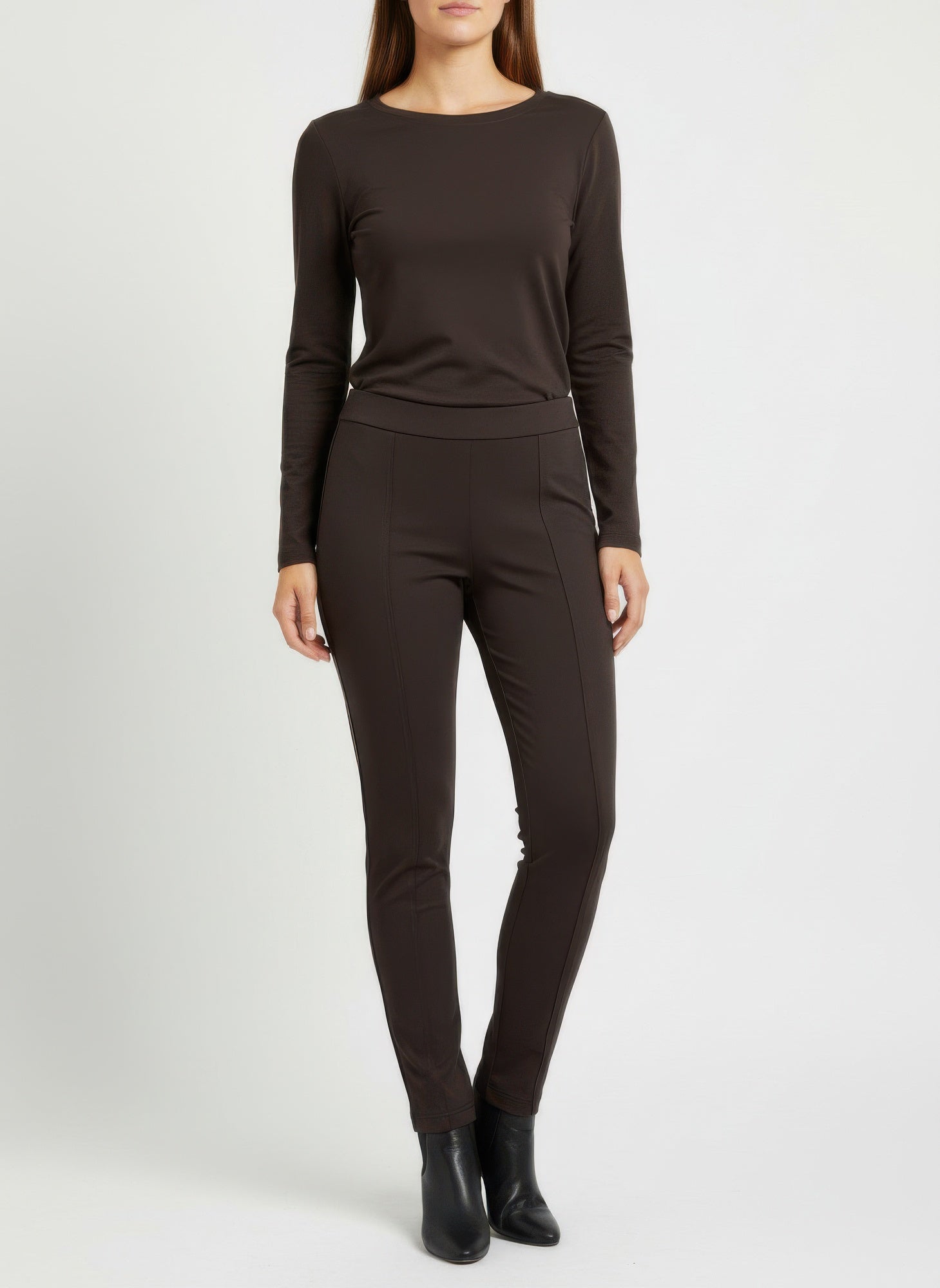 Dash Solid Pull On Pants, dark brown slim pull-on trousers with tapered ankle.