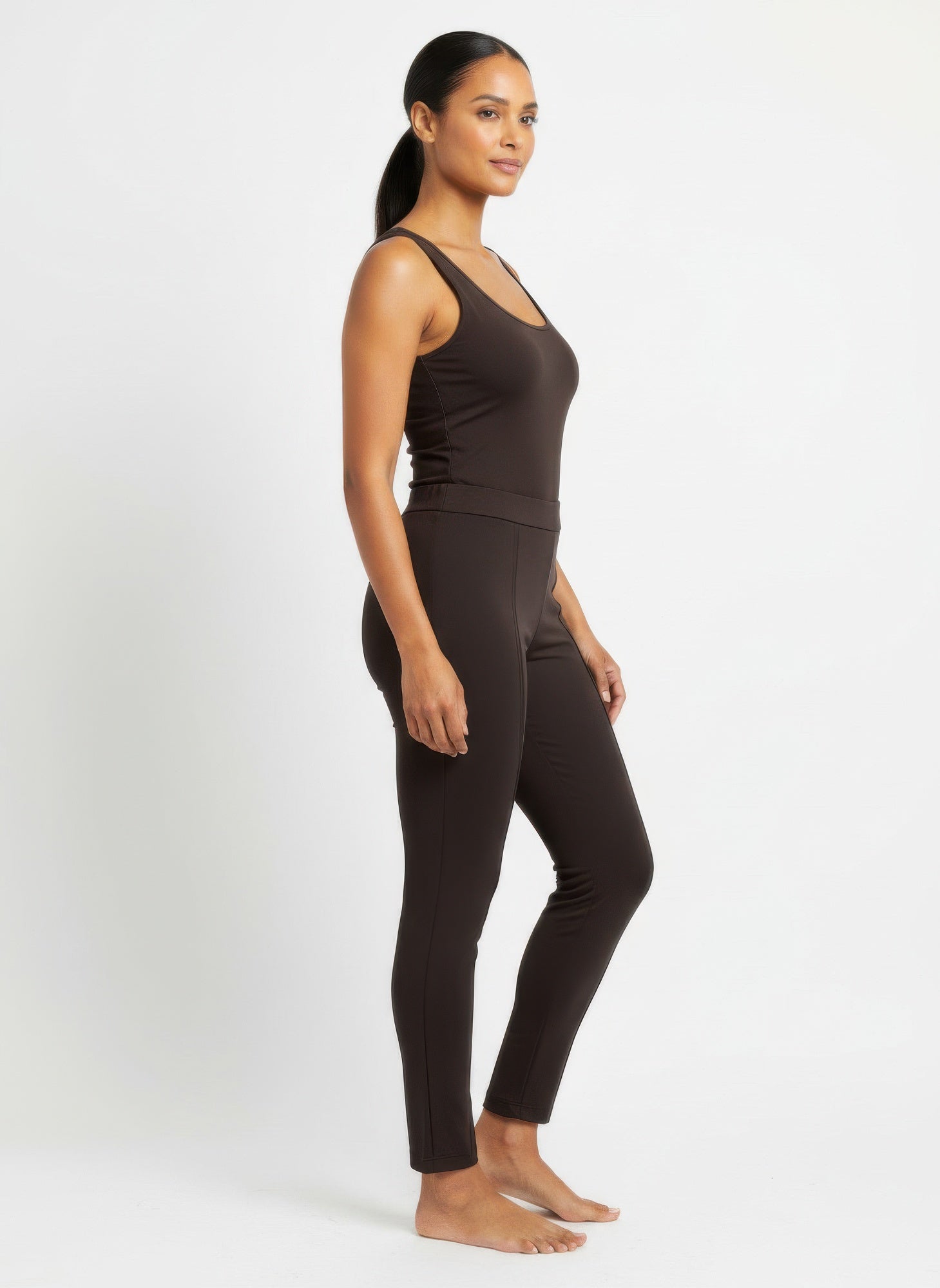 Dash Solid Pull On Pants, dark brown fitted pull-on style with tapered leg.