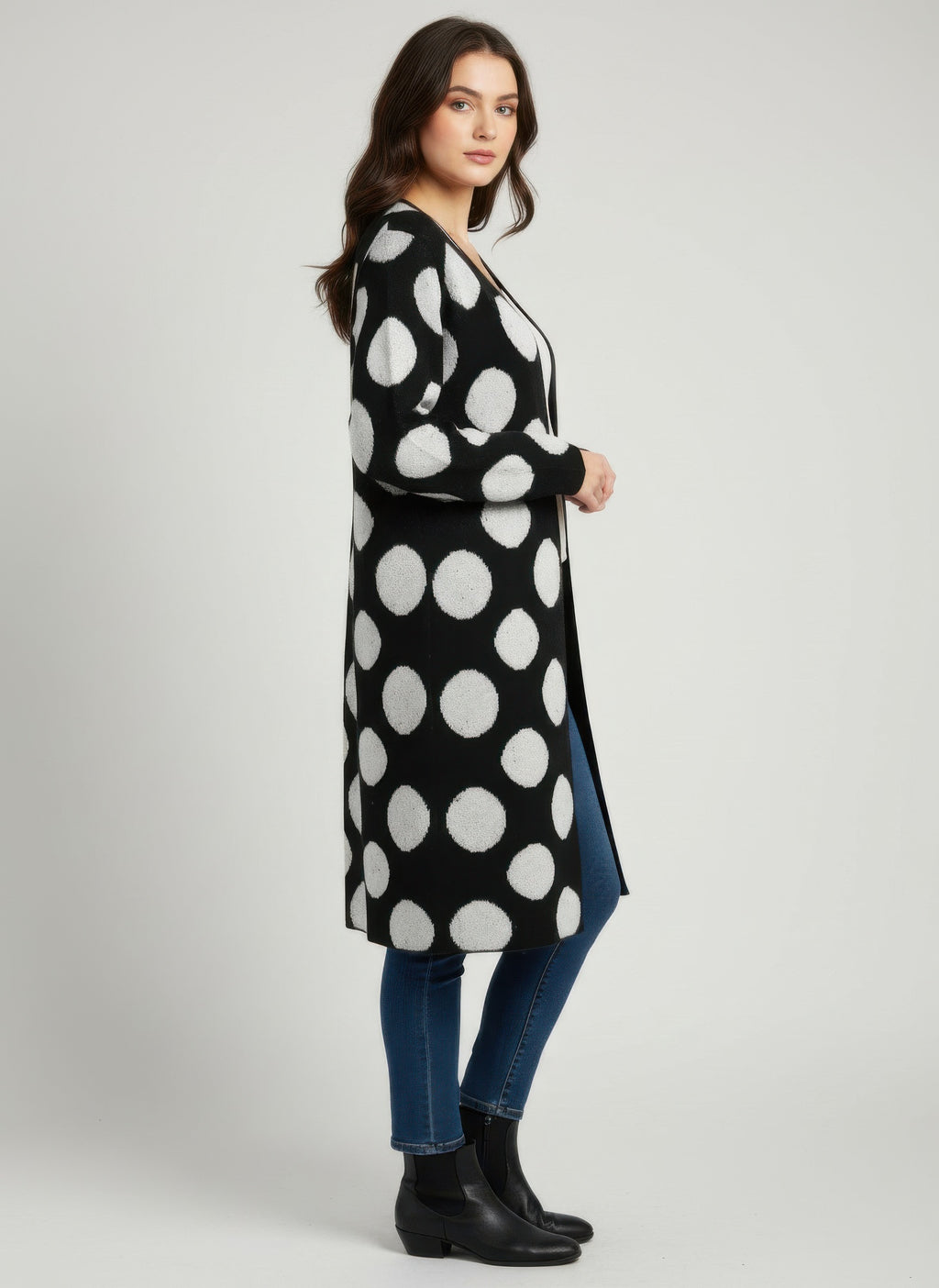 Sort polka dot open cardigan, lige pasform, knaplukning i front