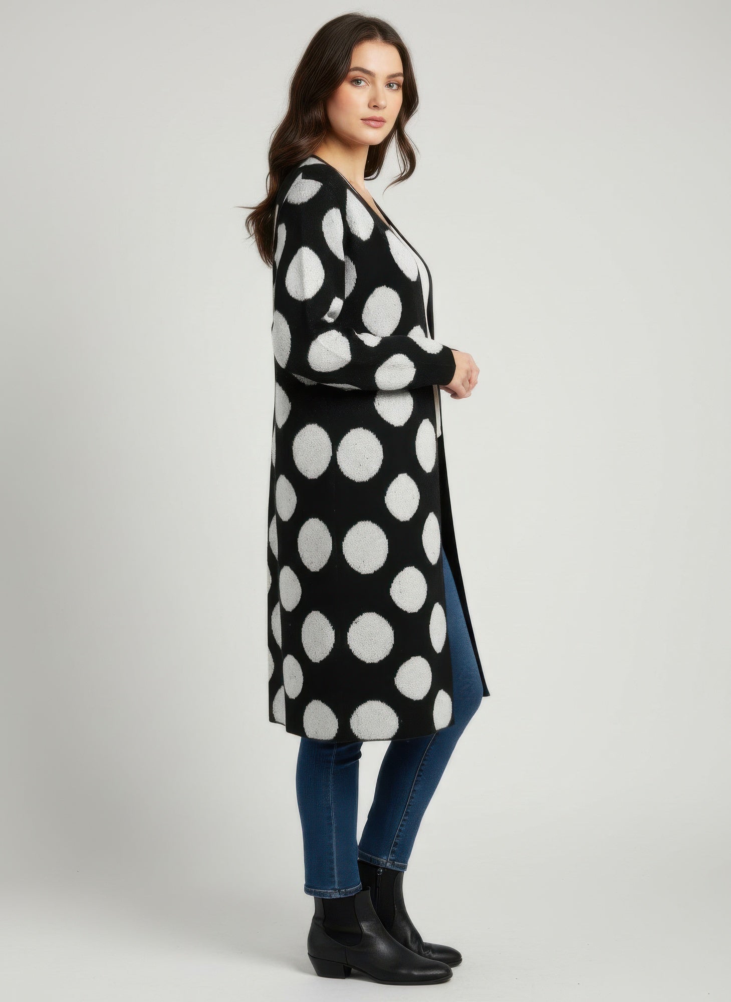 Sort polka dot open cardigan, lige pasform, knaplukning i front