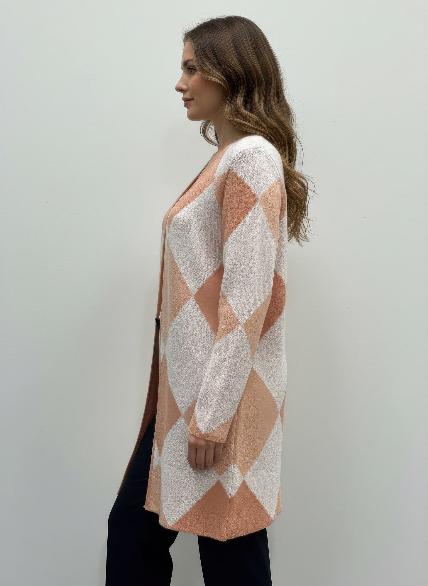 Rose argyle open cardigan, knaplukning foran, langærmet skræddersyet pasform