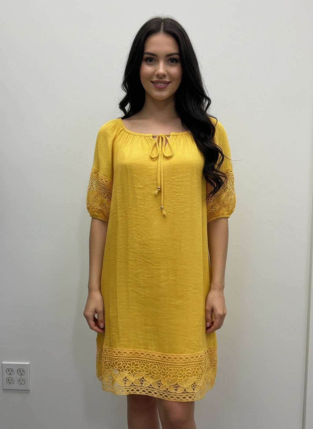 Solid short sleeve dress, lemon yellow, lace hem, drawstring neckline