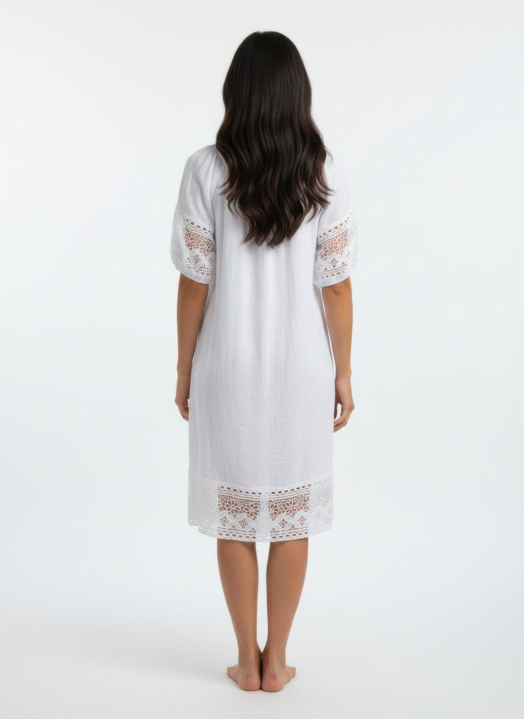 Solid short sleeve dress, white, back view with lace-trimmed sleeves and hem