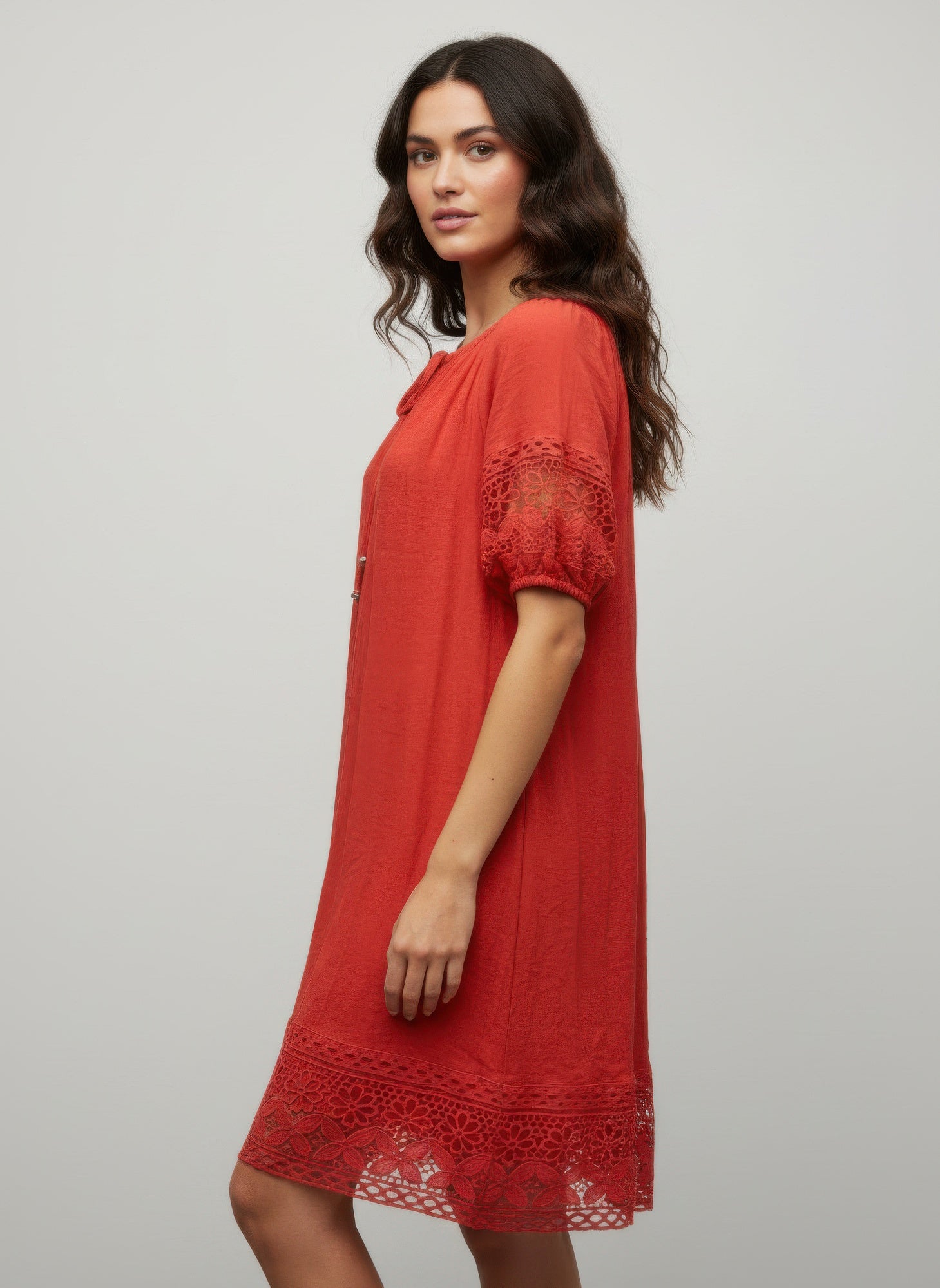 Mlle Gabrielle solid short-sleeve dress, coral-red with lace-trim hem