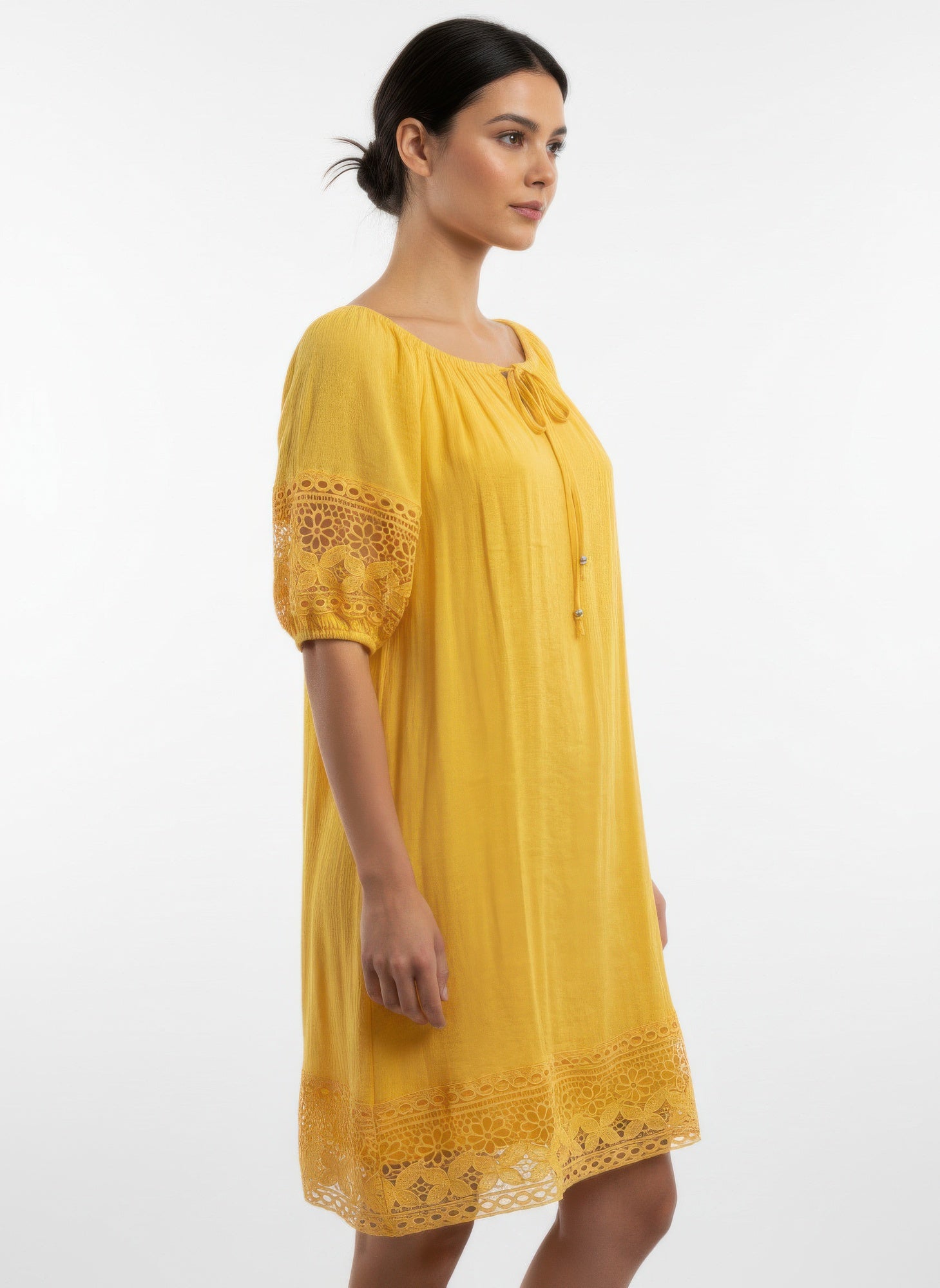 Solid short sleeve dress, lemon yellow, lace sleeves and hem, side view