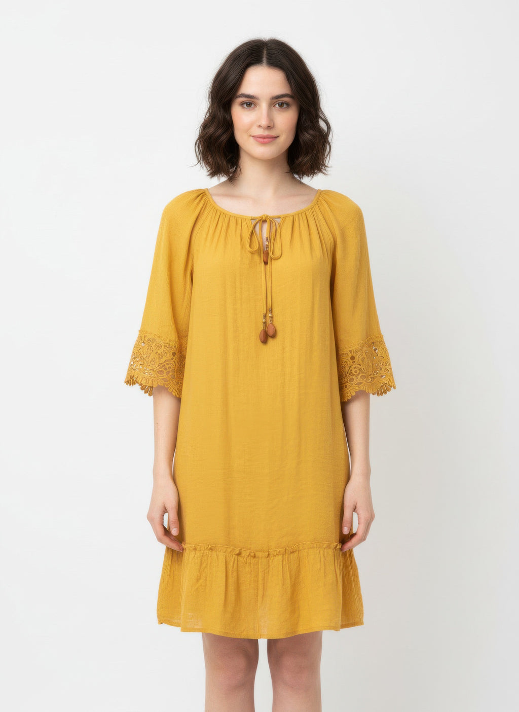 Mustard-gold elbow sleeve dress, lace cuffs, tie neckline