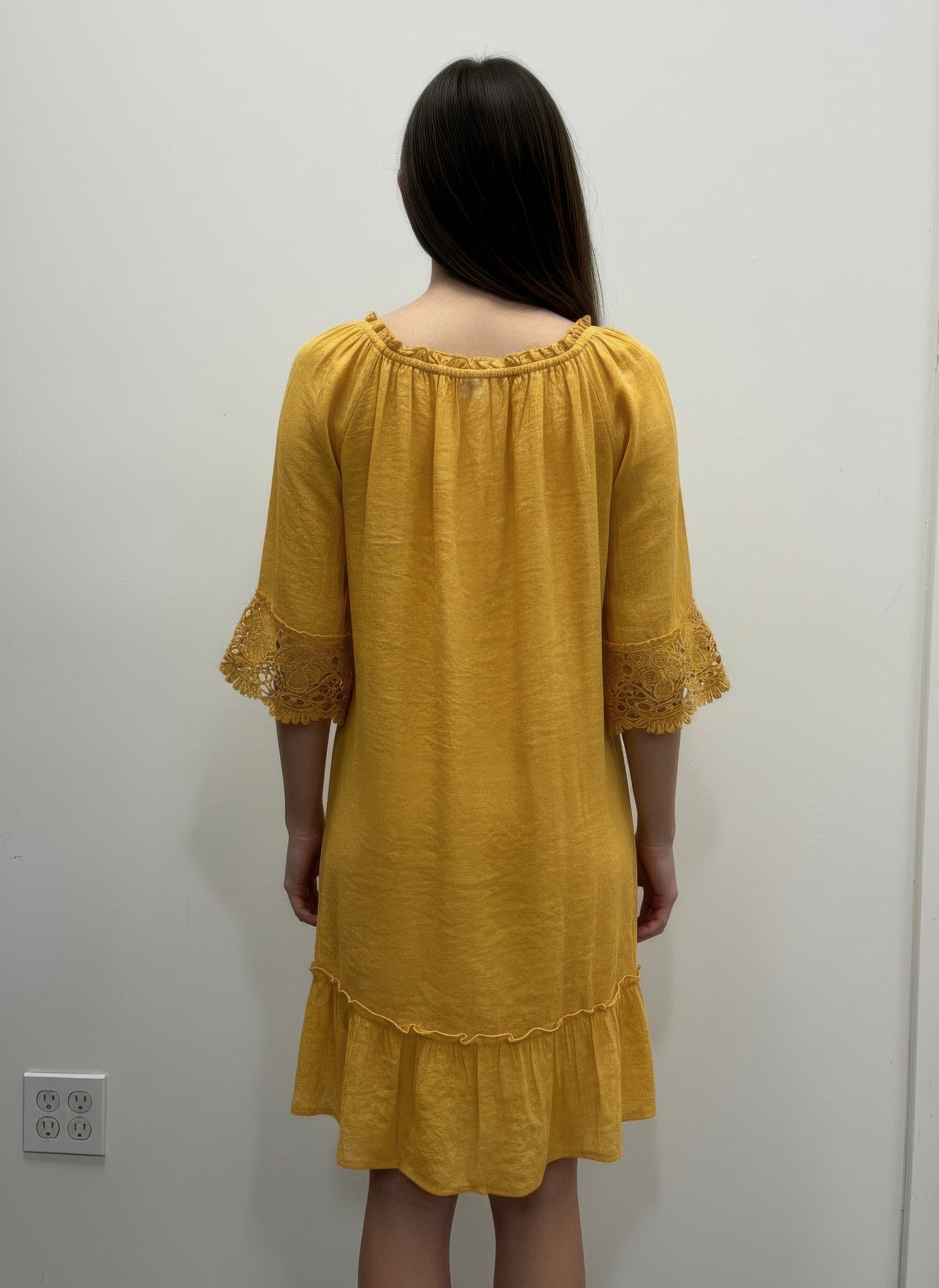 Mustard-gold solid dress back, lace elbow sleeves, tiered hem