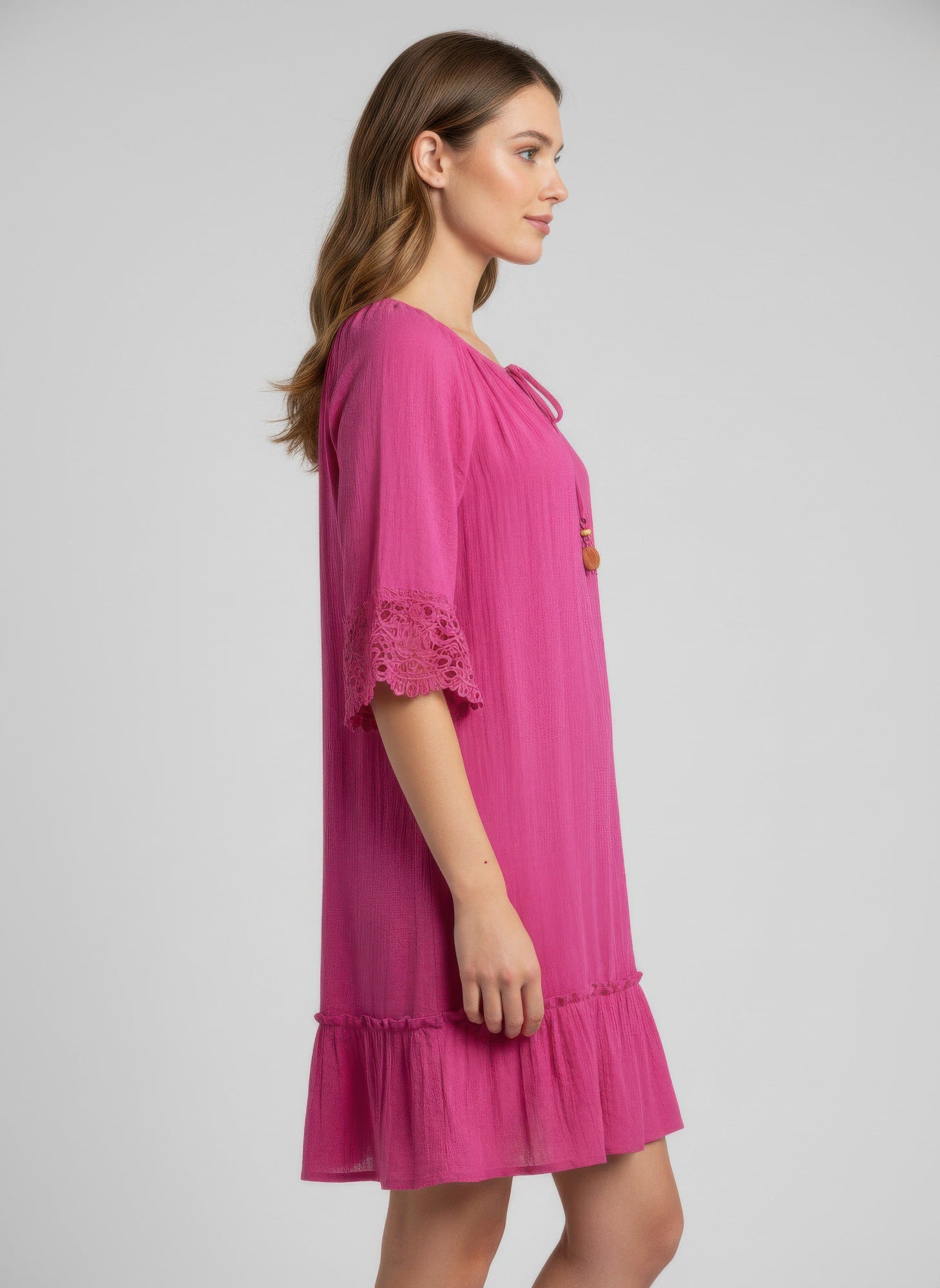 Pink dress, lace-trim elbow sleeves and gathered tiered skirt