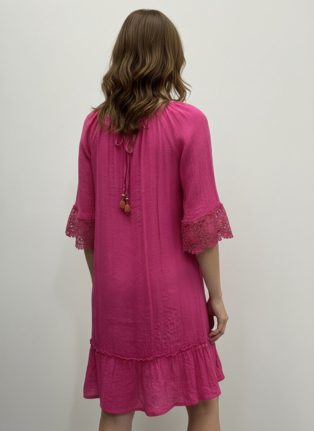 Pink solid dress back, tie neckline, lace elbow sleeves