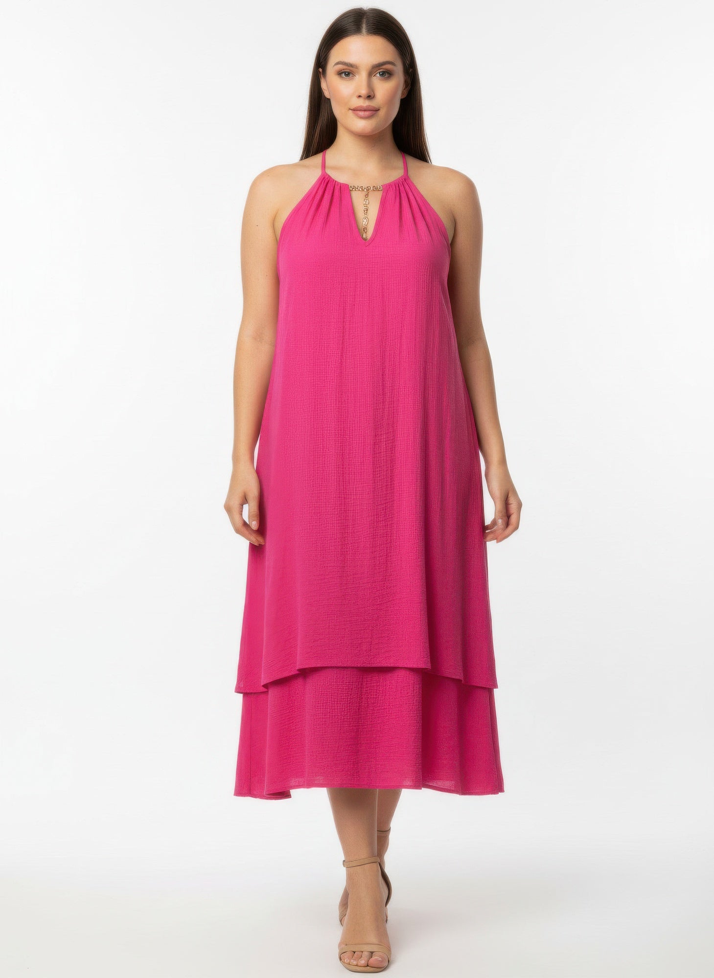 Fuchsia sleeveless midi dress with keyhole halter neckline and tiered hem