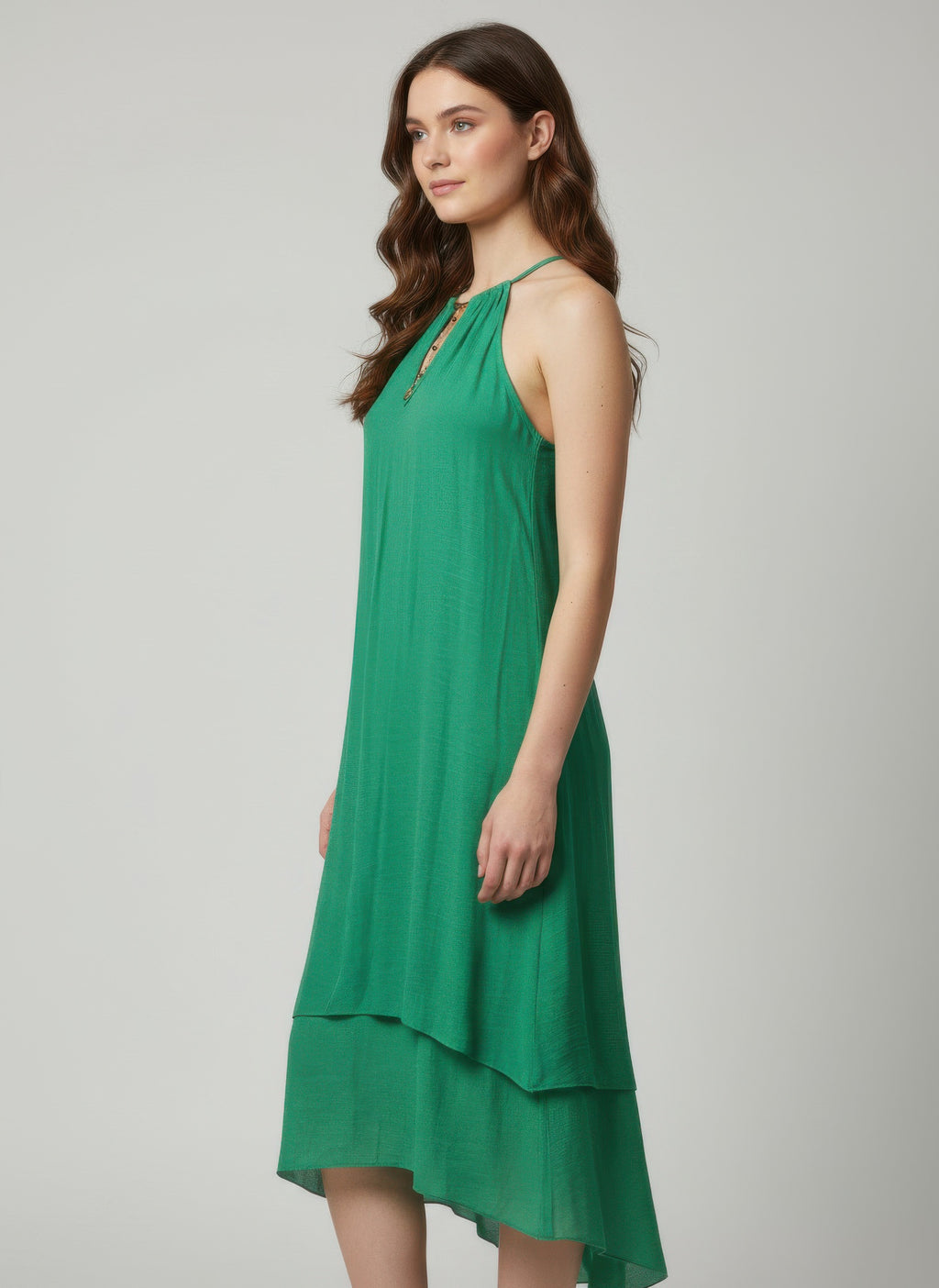 Green sleeveless midi dress, side view, halter neck with keyhole detail