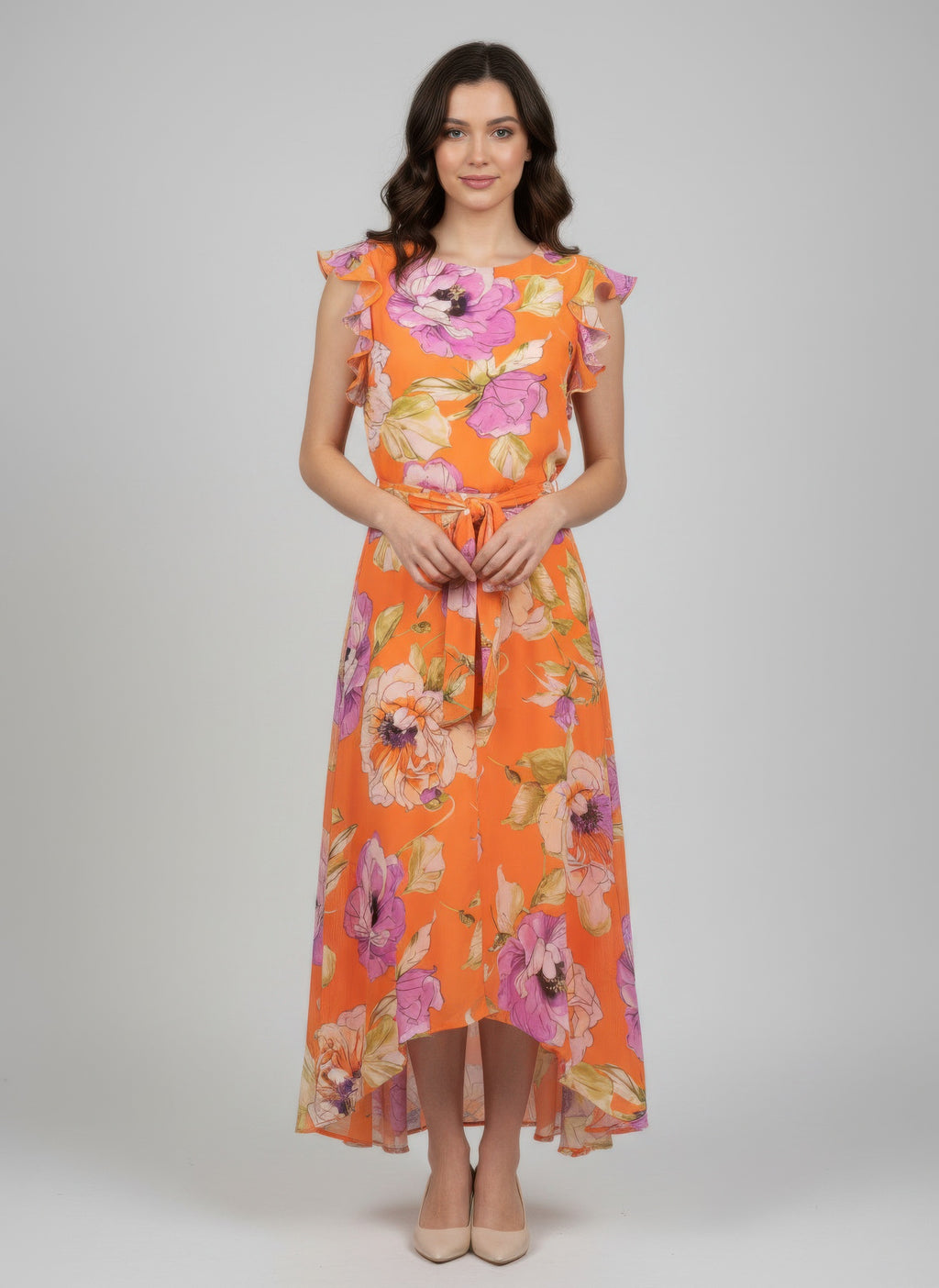 Floral ruffled-sleeve dress, orange with purple-pink blossoms and tied waist