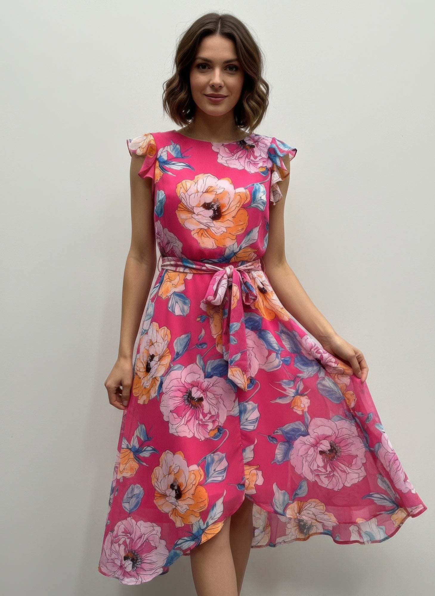 Fuchsia floral ruffled-sleeve midi dress with bow belt and layered skirt