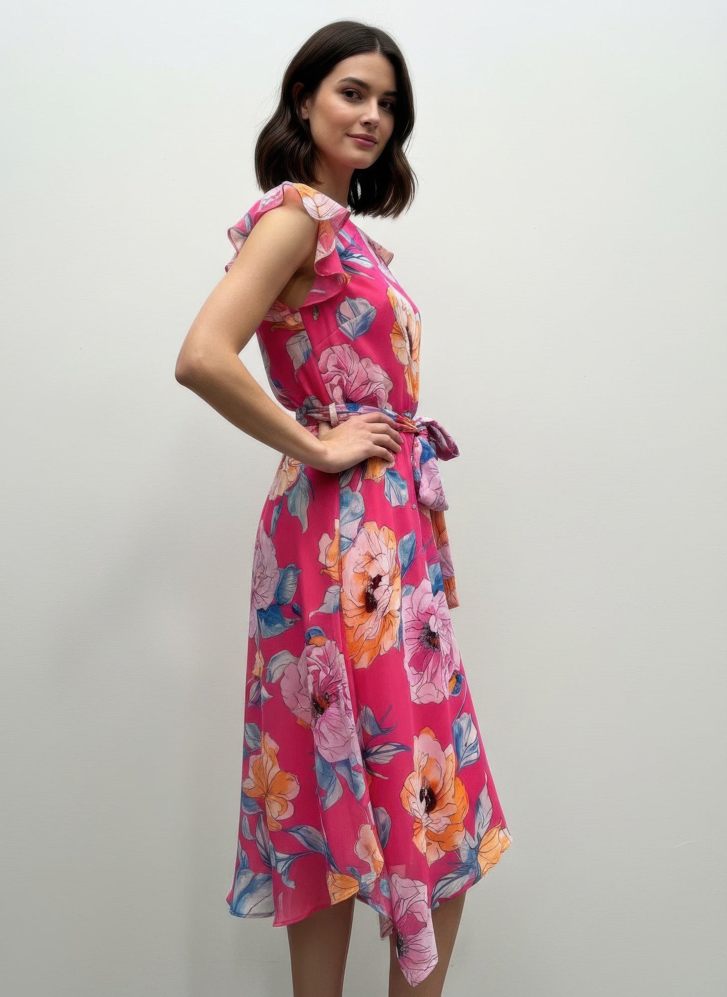 Fuchsia floral dress with ruffled shoulders, tie waist, and flowing asymmetric hem