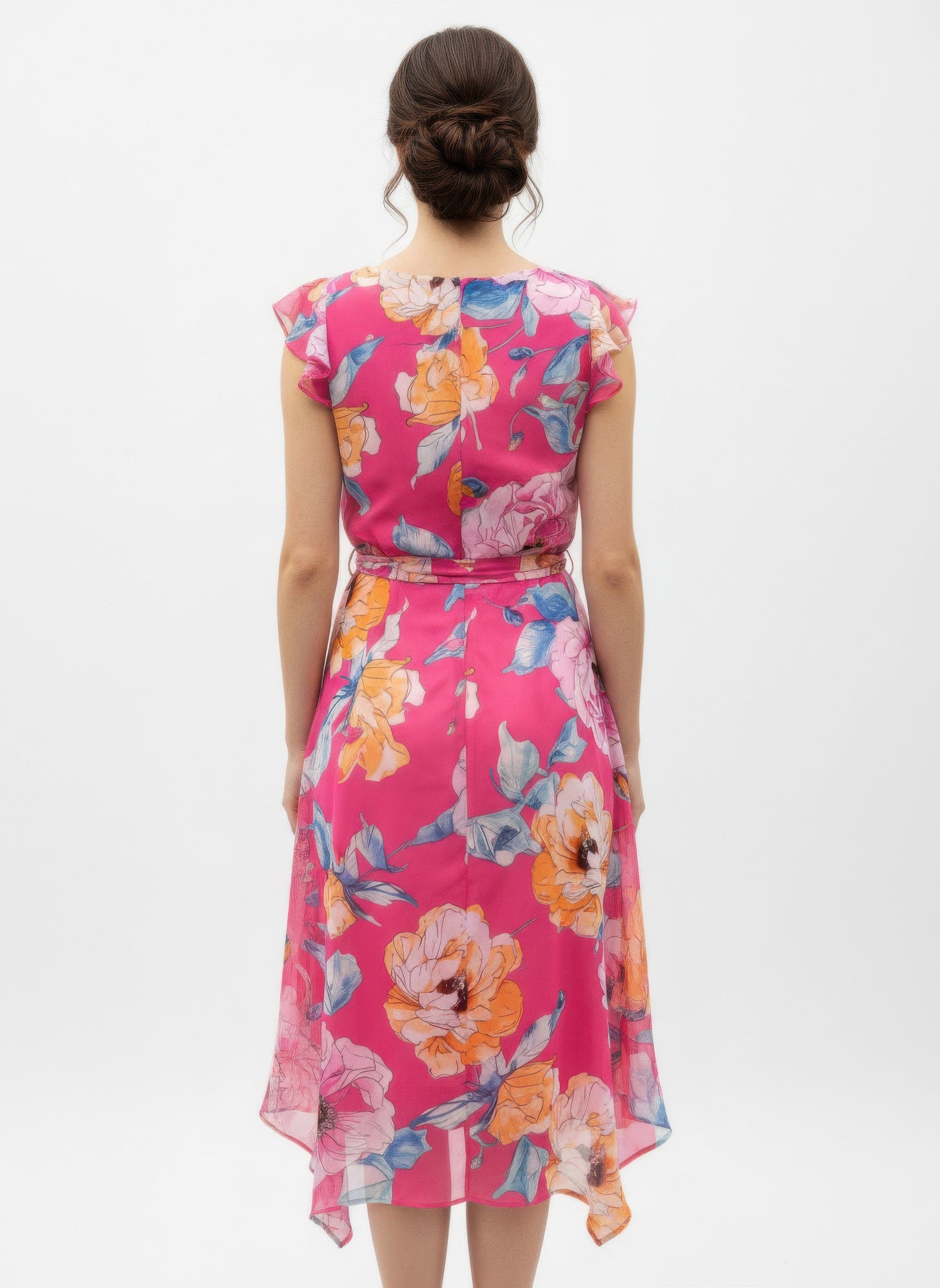 Back view of fuchsia floral ruffled-sleeve midi dress with tie belt