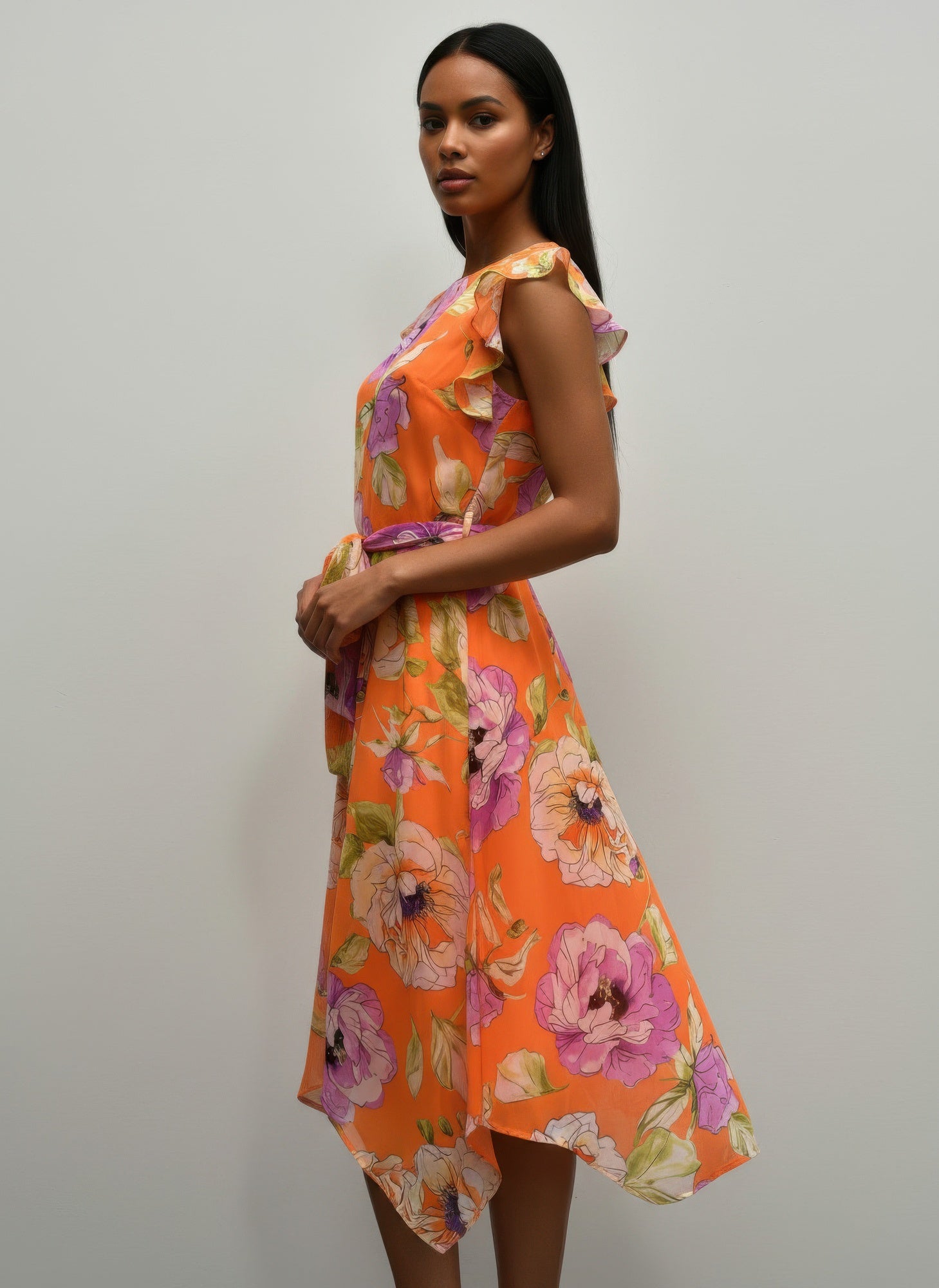 Orange floral midi dress with ruffled cap sleeves and asymmetrical hem