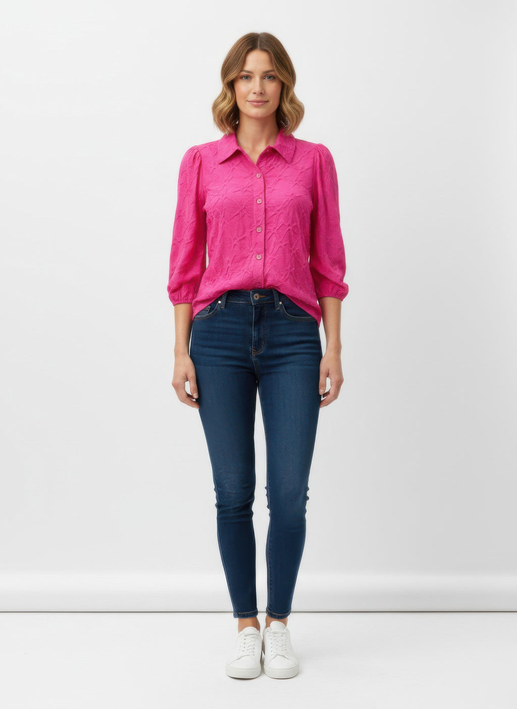 Fuchsia 3/4 sleeve button-up blouse with pointed collar