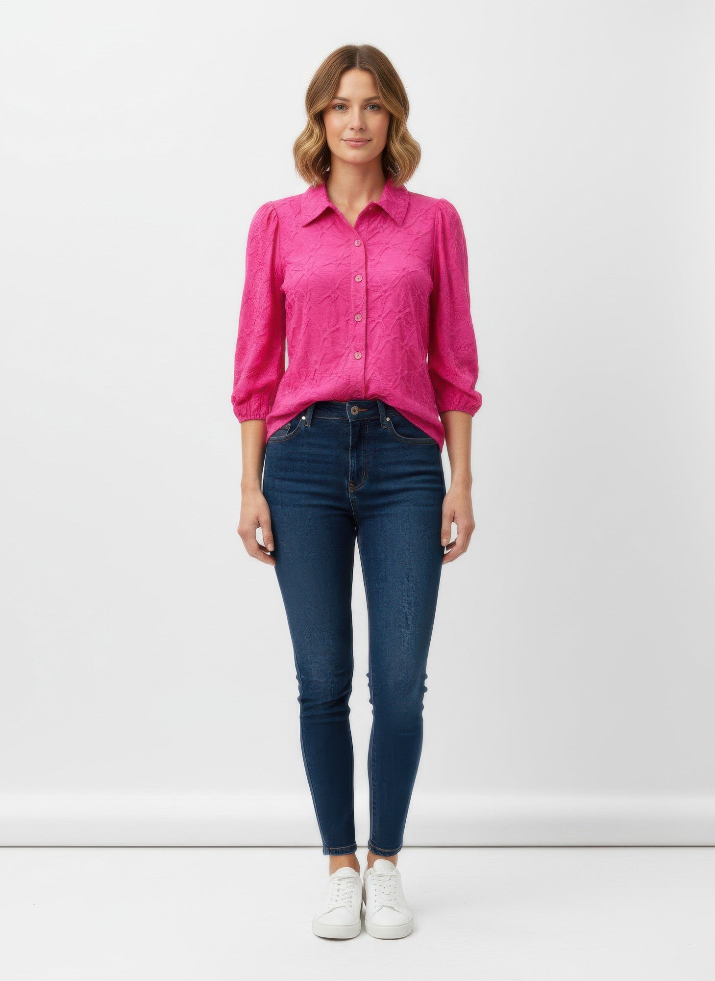 Fuchsia 3/4 sleeve button-up blouse with pointed collar