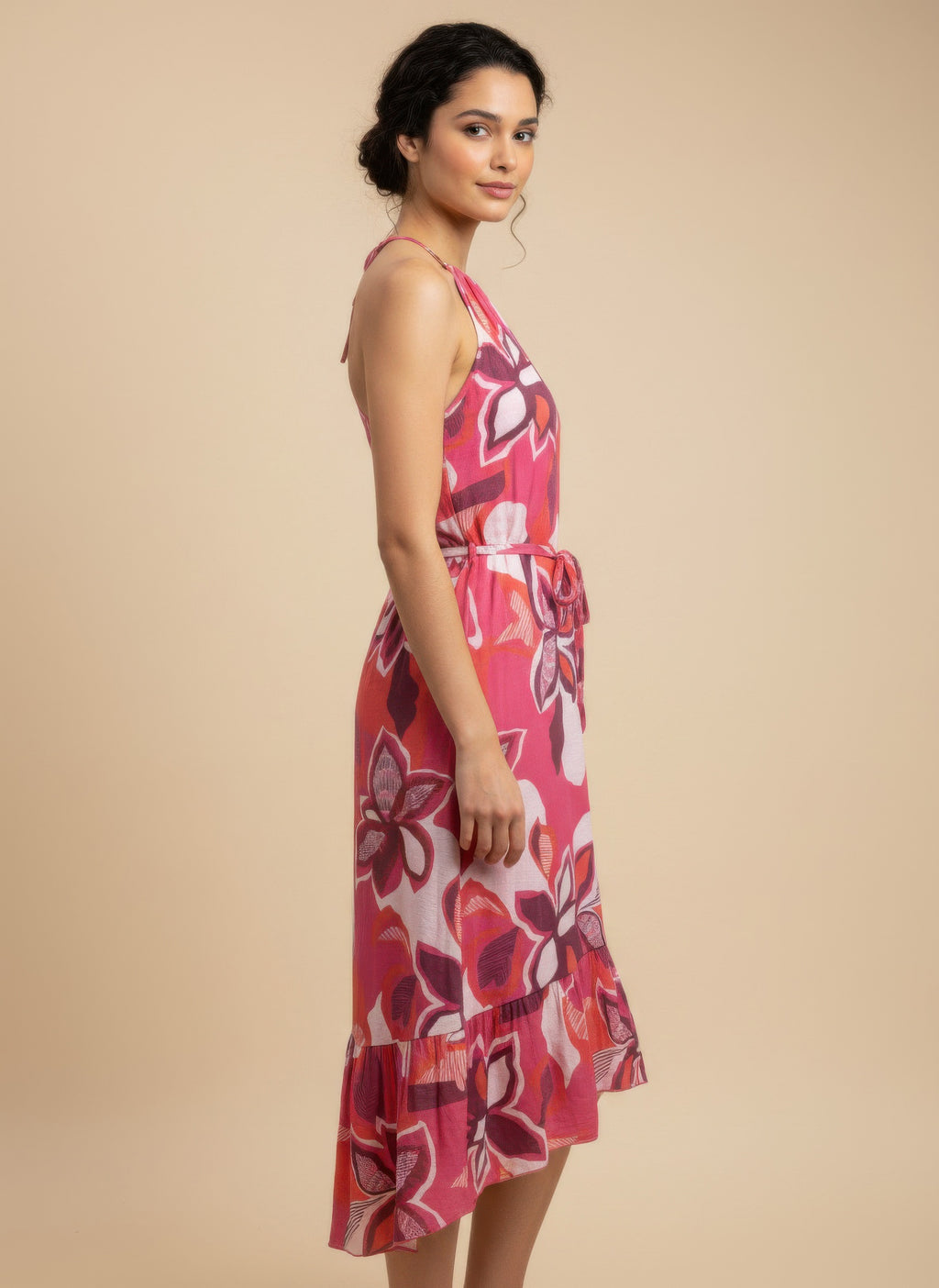 Pink floral midi dress, sleeveless halter style with tied waist and tiered skirt