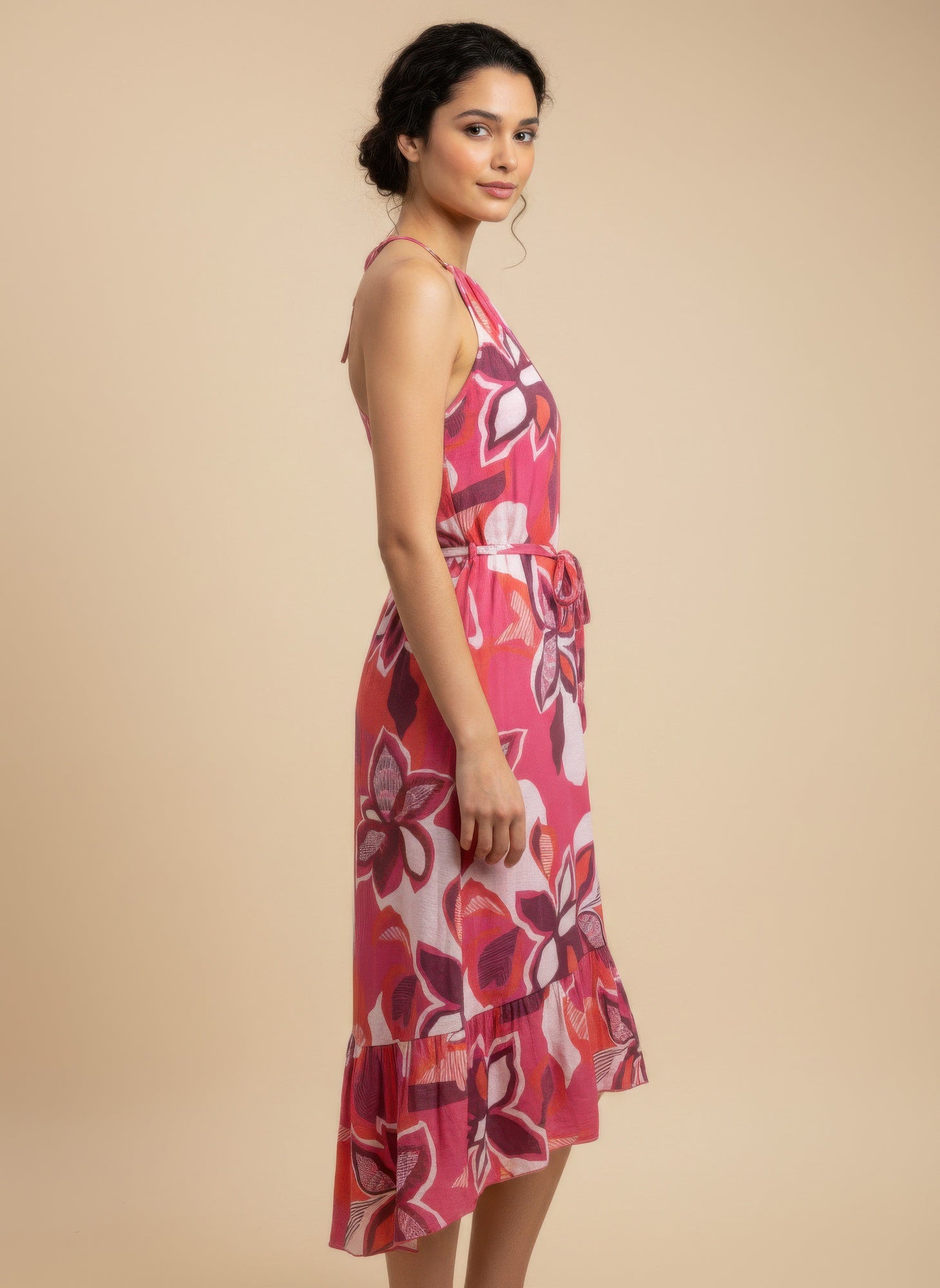 Pink floral midi dress, sleeveless halter style with tied waist and tiered skirt