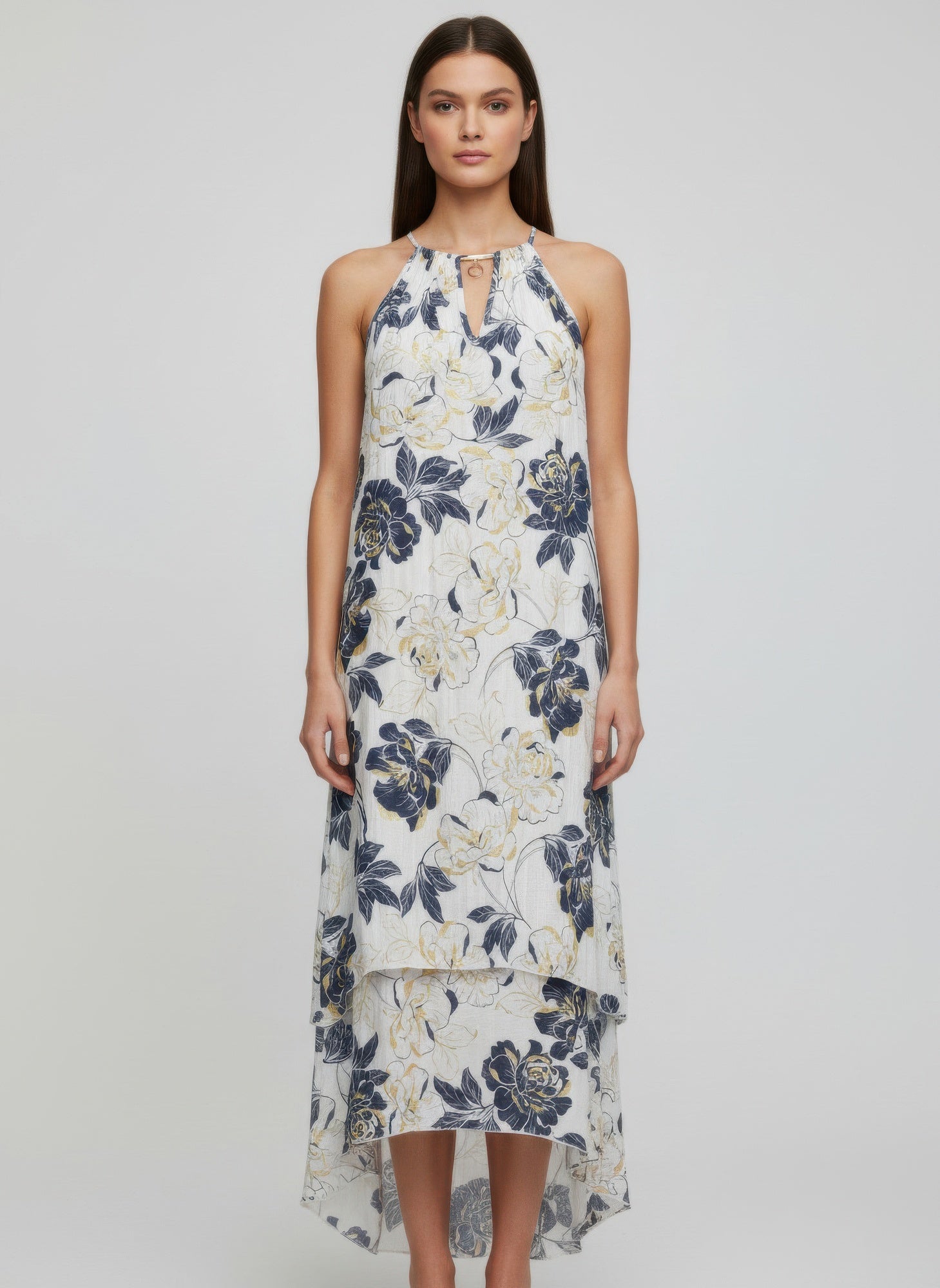 Floral sleeveless halter midi dress with layered hem, blue and yellow blossoms