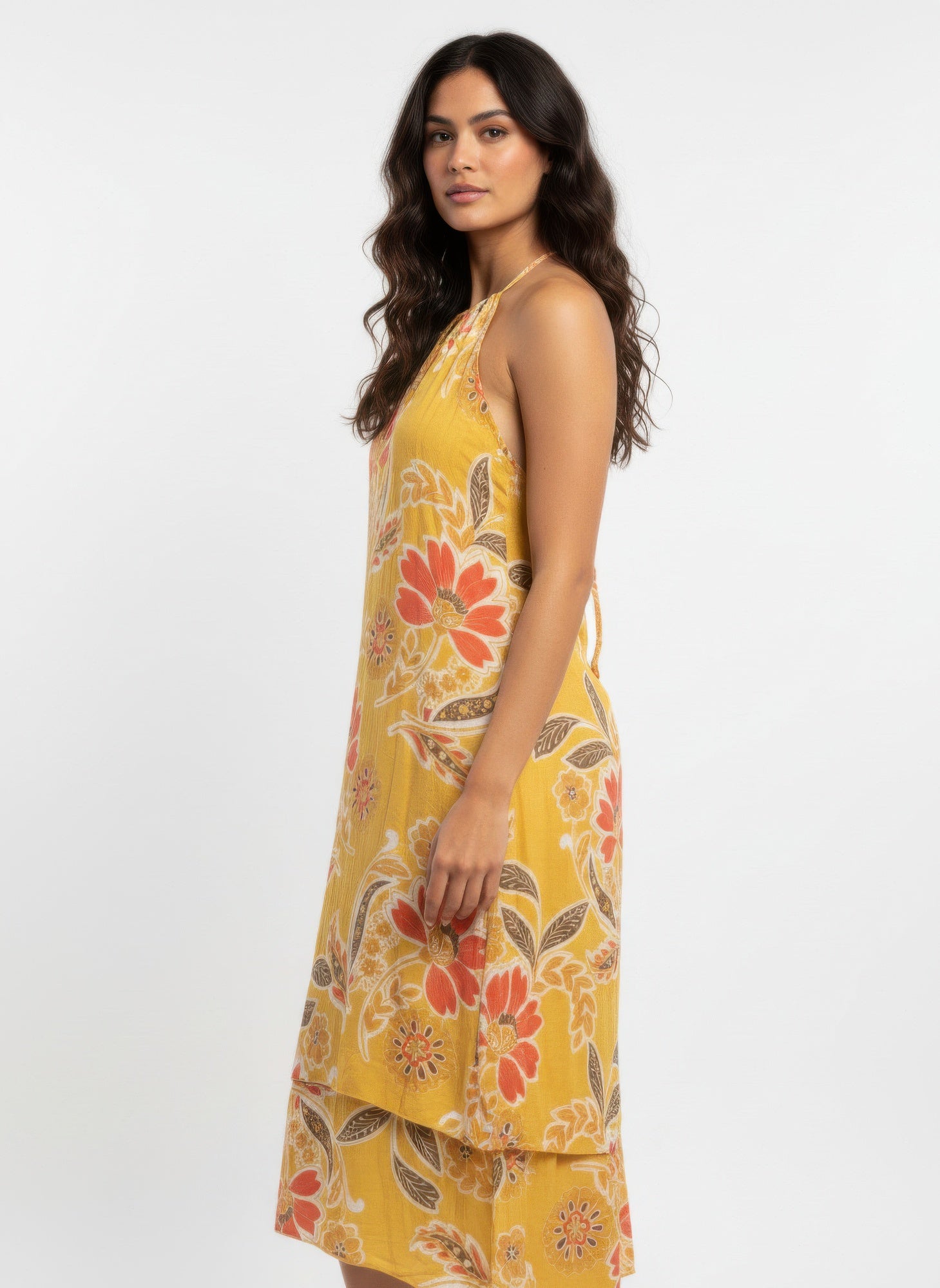 Floral sleeveless dress, mustard yellow with paisley-style orange and red flowers