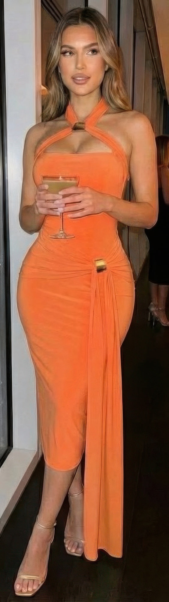 Orange halter-style bodycon midi dress with keyhole neckline