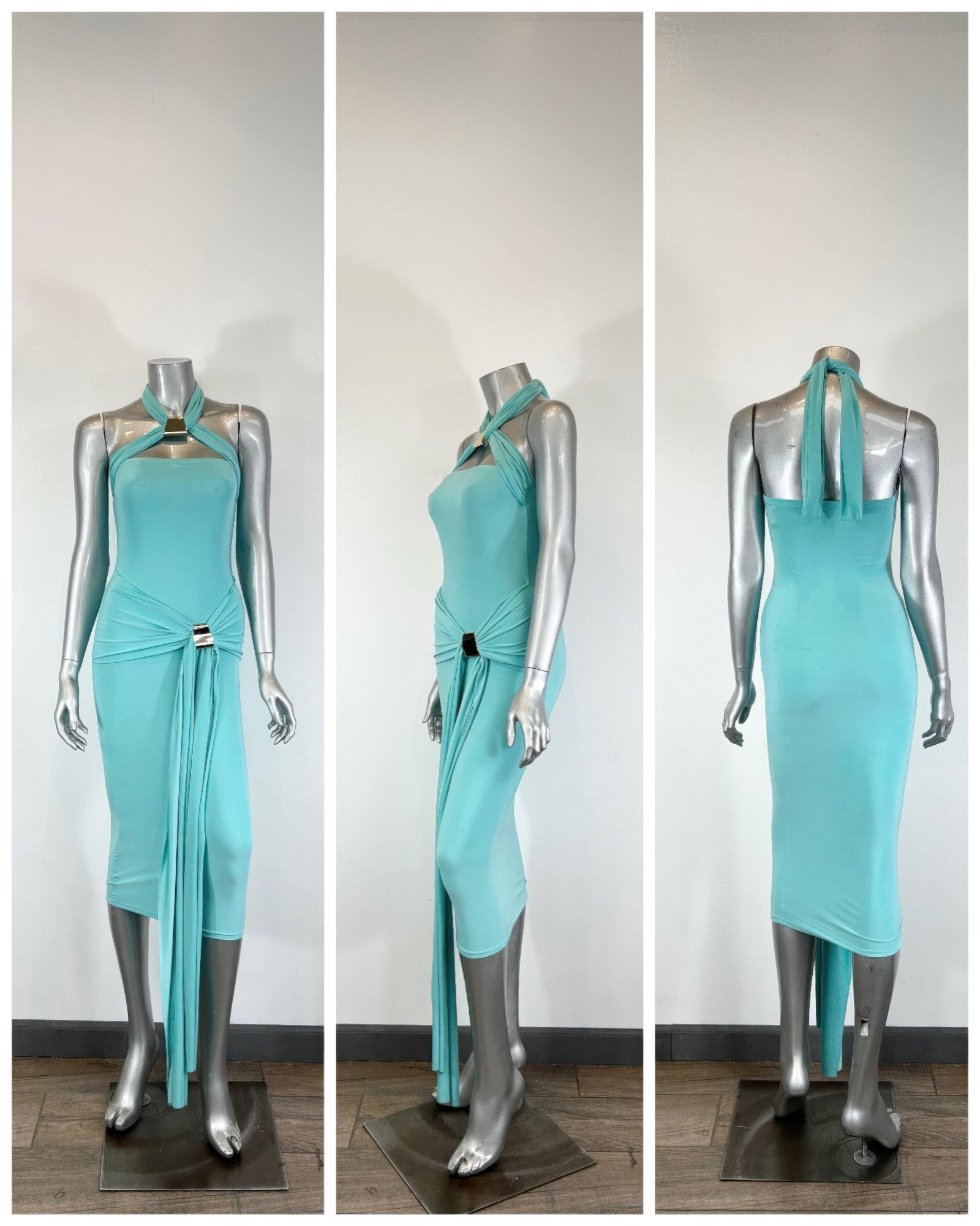 Aqua halter bodycon midi dress, multiple angles on mannequin with draped waist detail