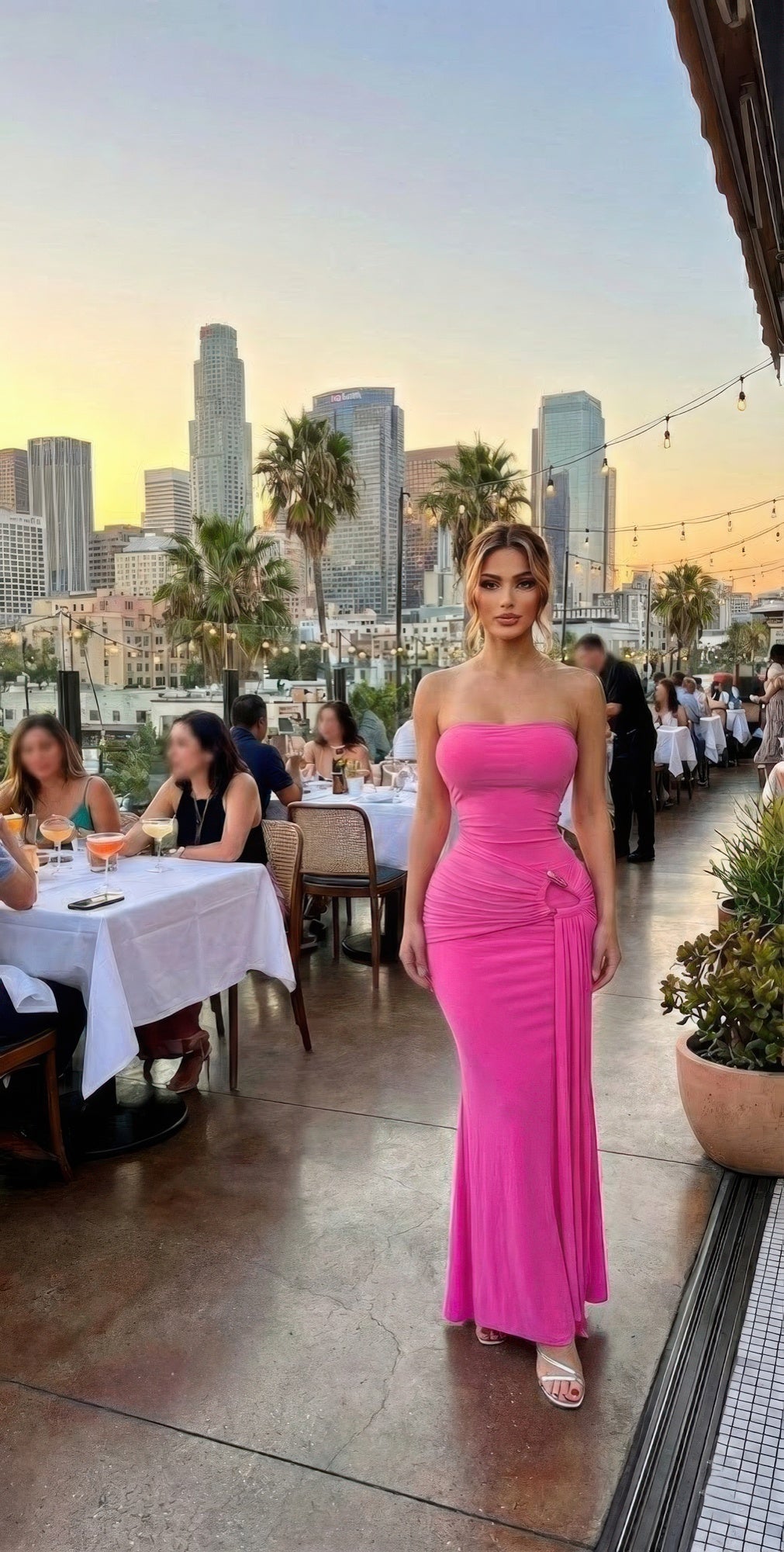 Bubblegum pink strapless maxi dress with draped bodice and ruched side waist bow