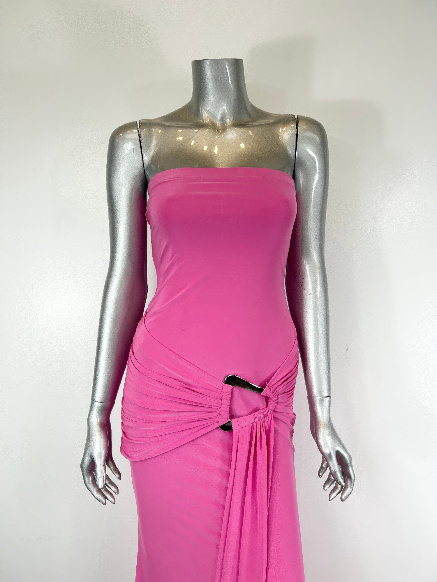 Pink strapless maxi dress with gathered waist ruching and front bow detail