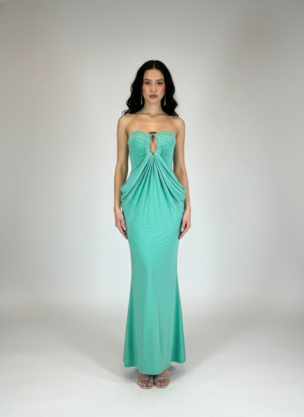 Jade strapless maxi dress with oval keyhole cutout and gathered drape bodice