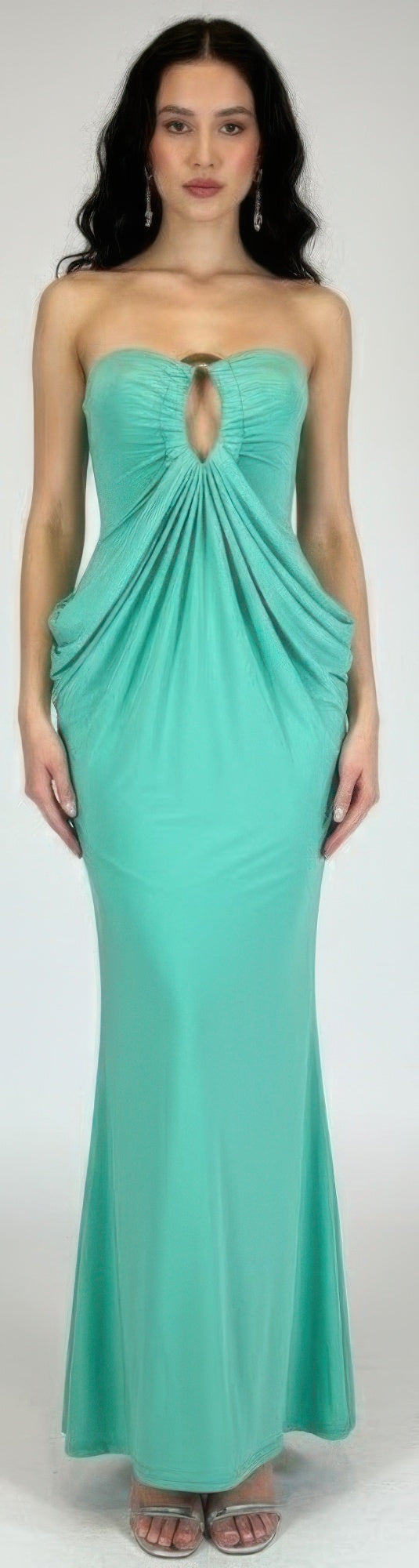 Jade strapless maxi dress with ring-front neckline and fitted, floor-length skirt