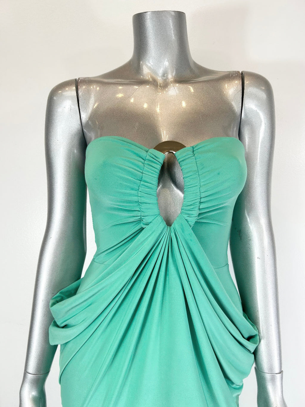 Jade sweetheart bodice with oval keyhole cutout and gathered drape detail