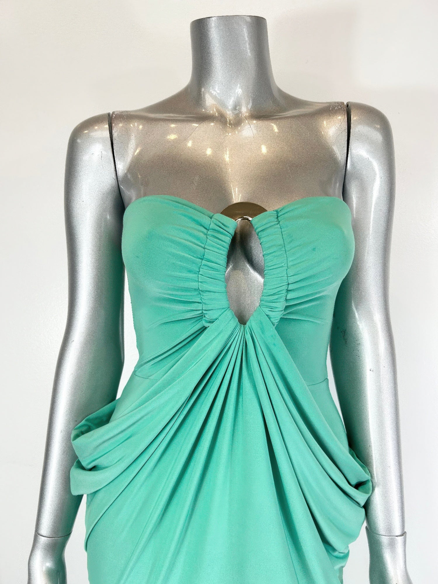Jade sweetheart bodice with oval keyhole cutout and gathered drape detail