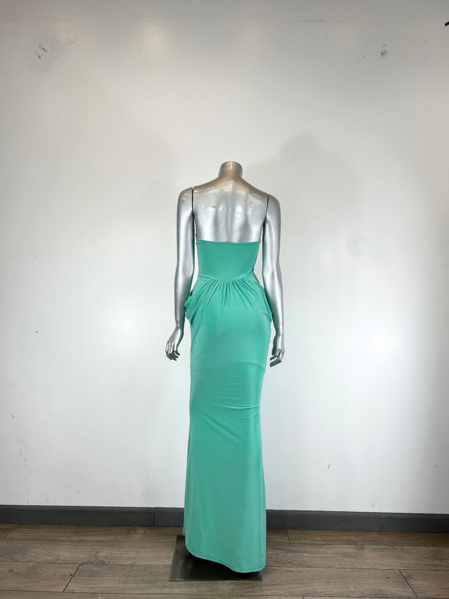 Jade maxi dress on mannequin, strapless sweetheart top with gathered waist and long skirt