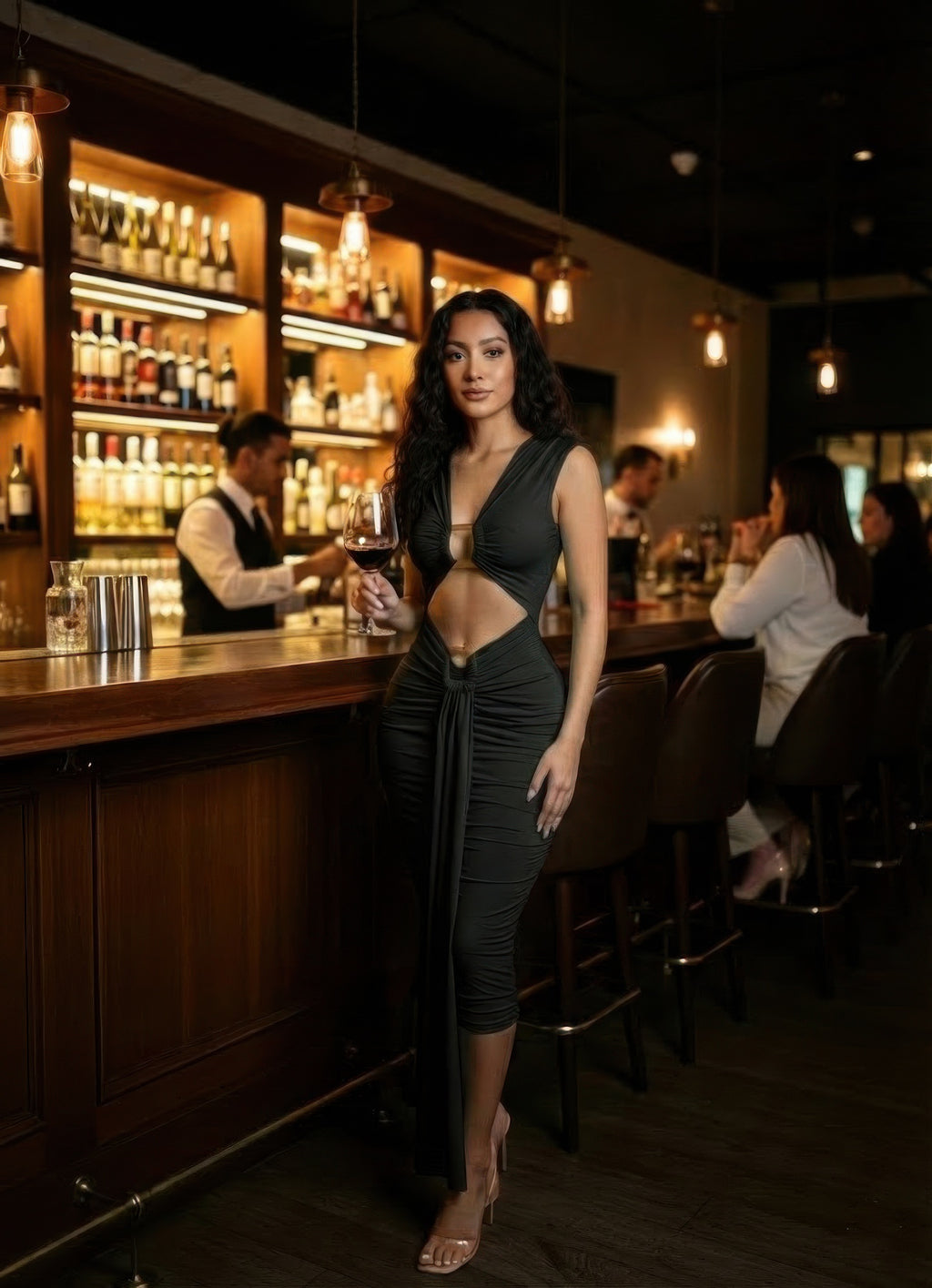Black bodycon midi dress with deep V neckline, center cut-out, ruched waist