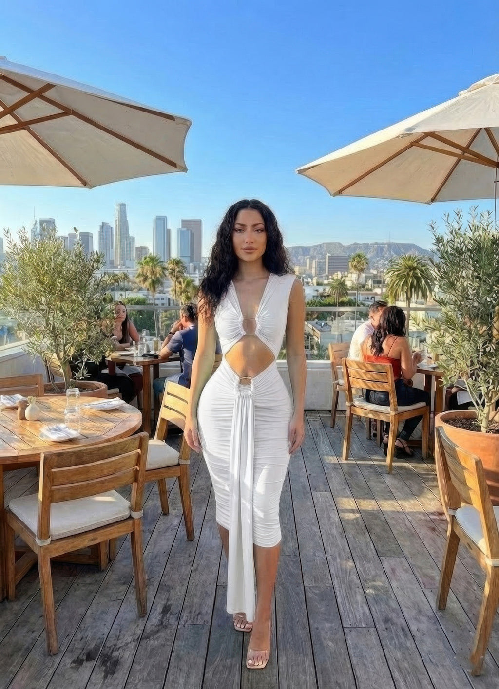 Bodycon midi dress white, ruched V-neck with waist cutout, sleeveless