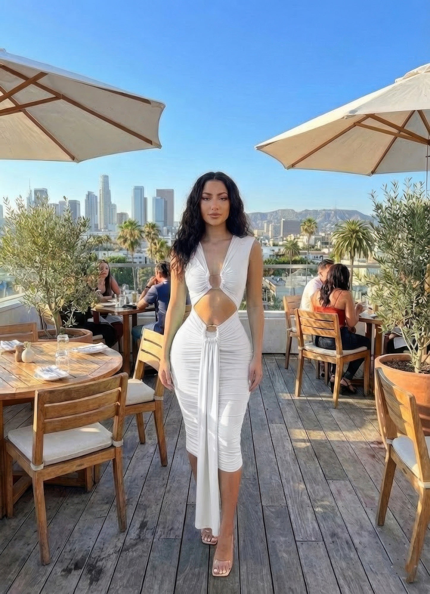 Bodycon midi dress white, ruched V-neck with waist cutout, sleeveless