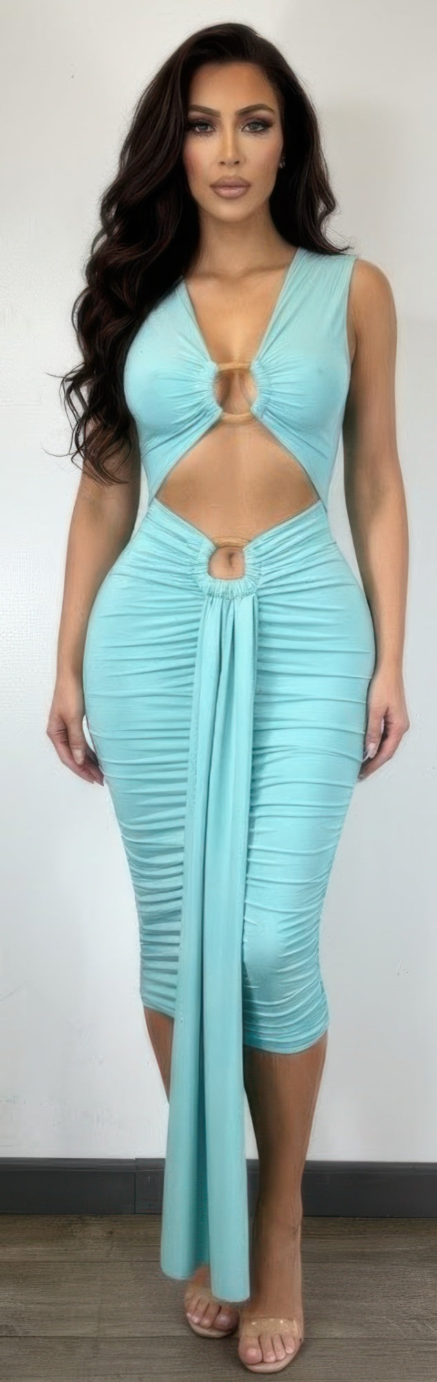 Aqua bodycon midi dress with deep V neckline, ring cut-out at waist, slit drape
