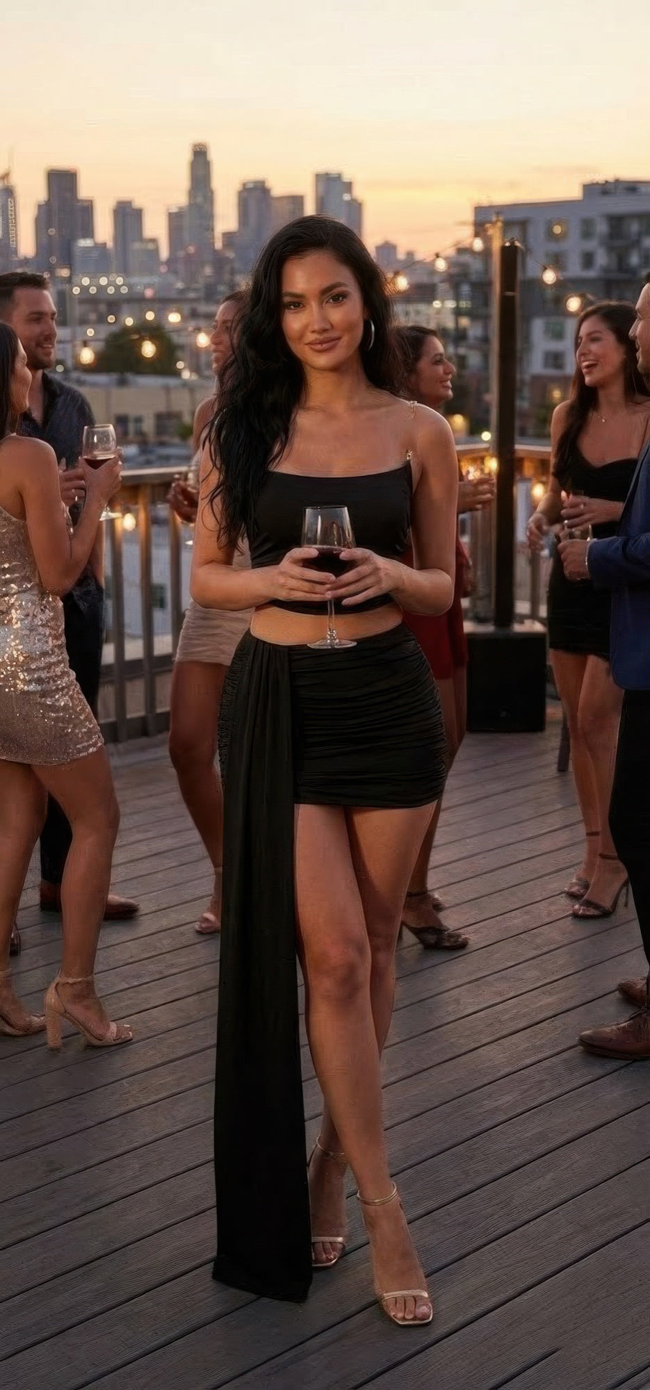 Cropped bodice and mini skirt set, black, ruched detail and high-slit drape