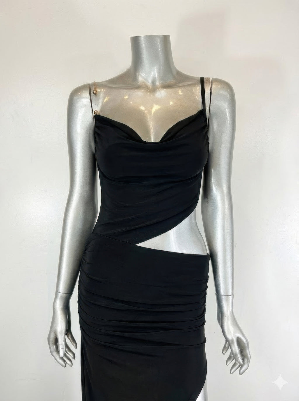 Black cowl-neck midi dress on mannequin, draped bust, ruched body, side slit