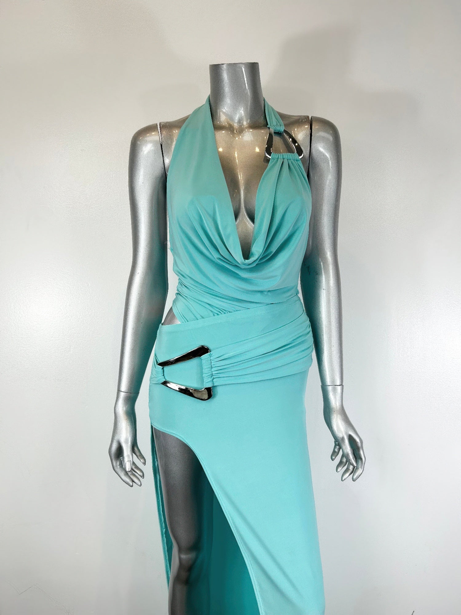 Aqua halter body suit and skirt set, open neckline and ruched front, side slit