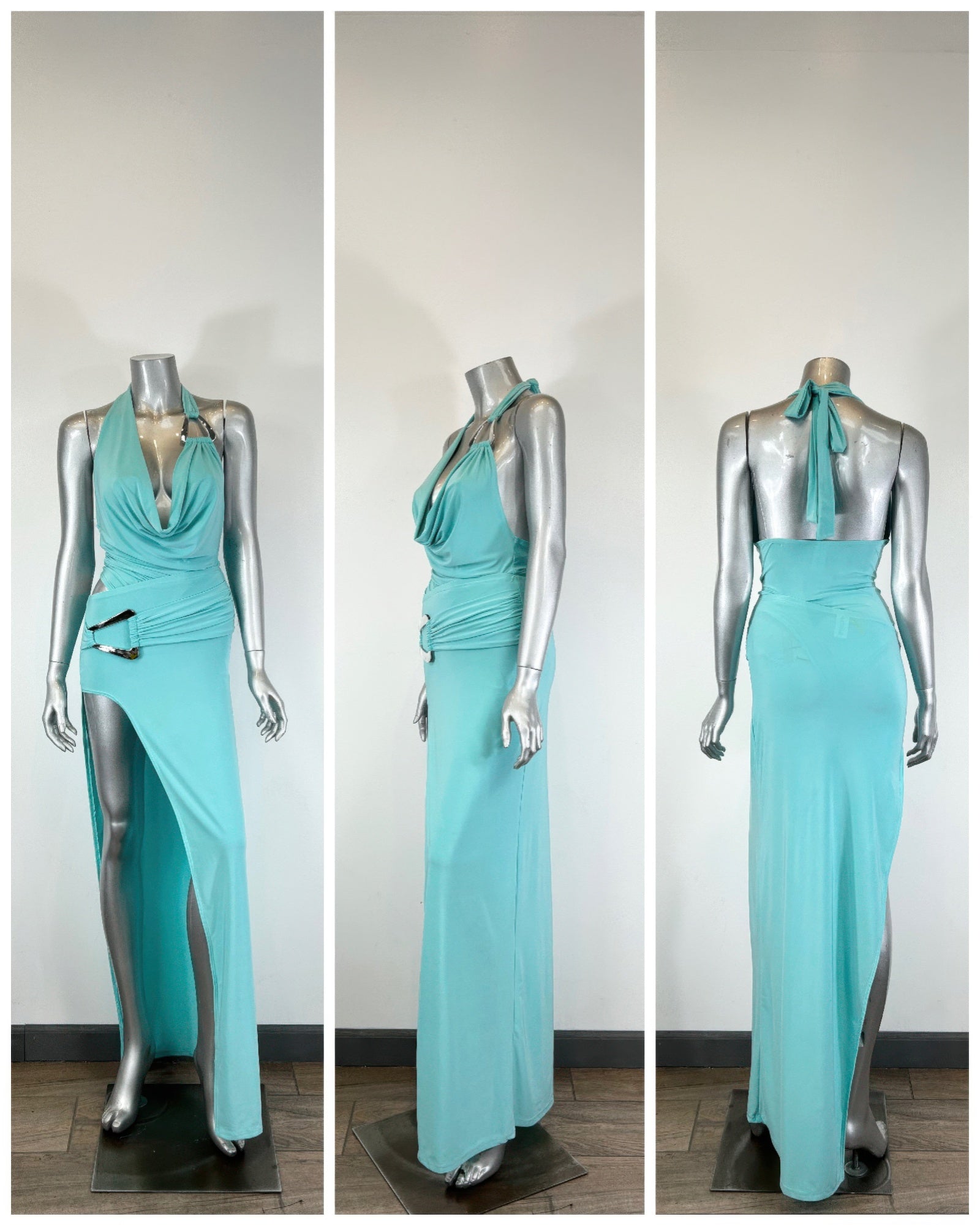 Aqua halter dress set: front, side, and back views on mannequin with ribbon tie