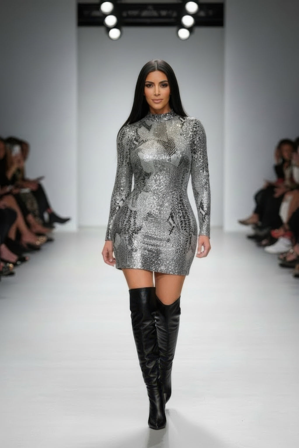 Silbernes Bodycon-Minikleid mit Schlangenprint, Stehkragenoptik und langen Ärmeln