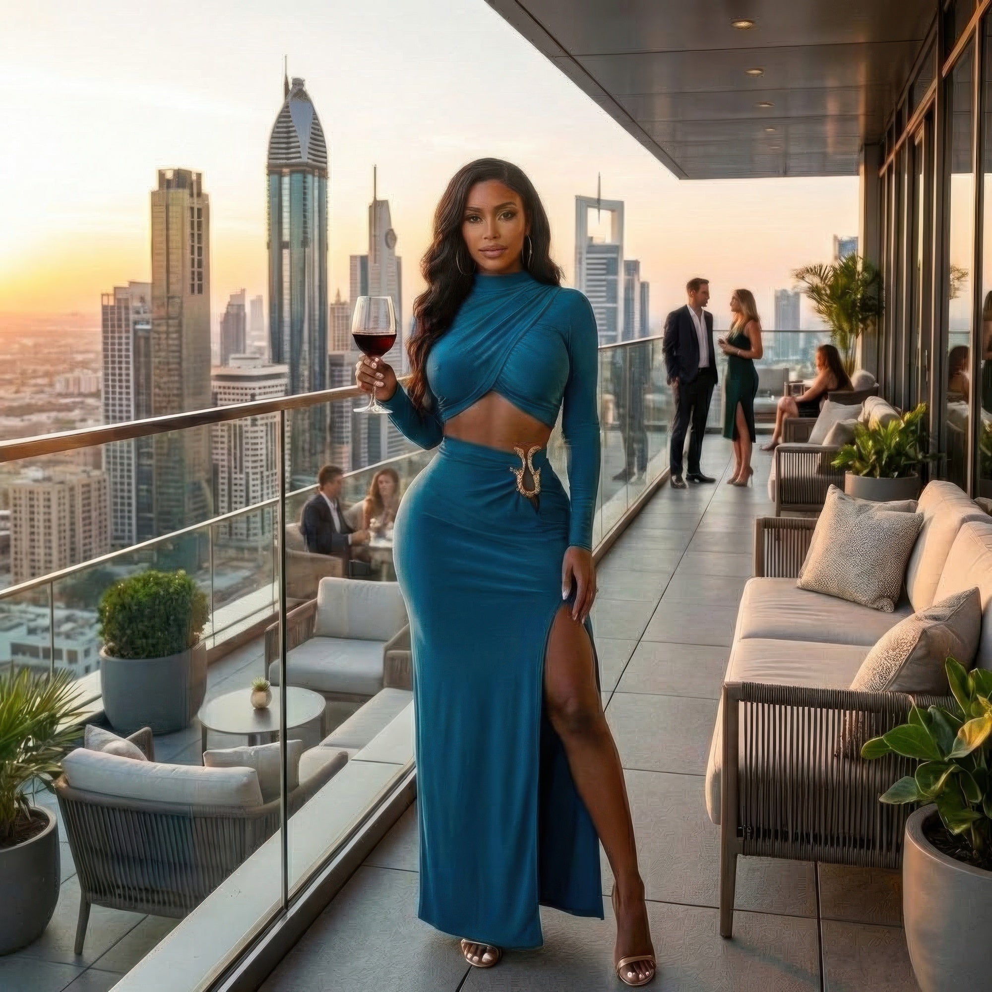 Teal maxi skirt set with high side slit and wrap-front long-sleeve crop top
