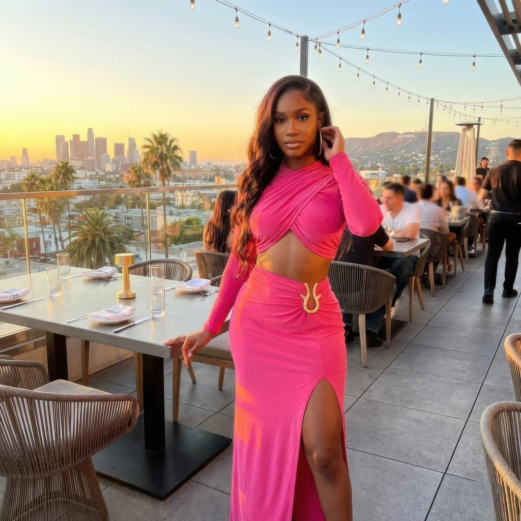 Bubblegum pink high-slit maxi skirt with matching wrap-look long-sleeve crop top