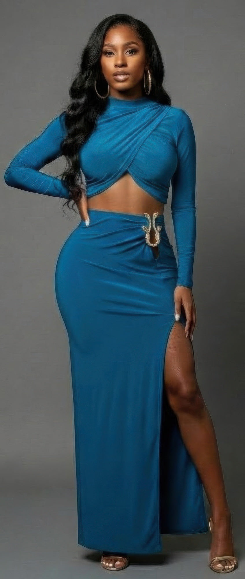 Teal high-slit maxi skirt with side slit and matching wrap crop top, long sleeves