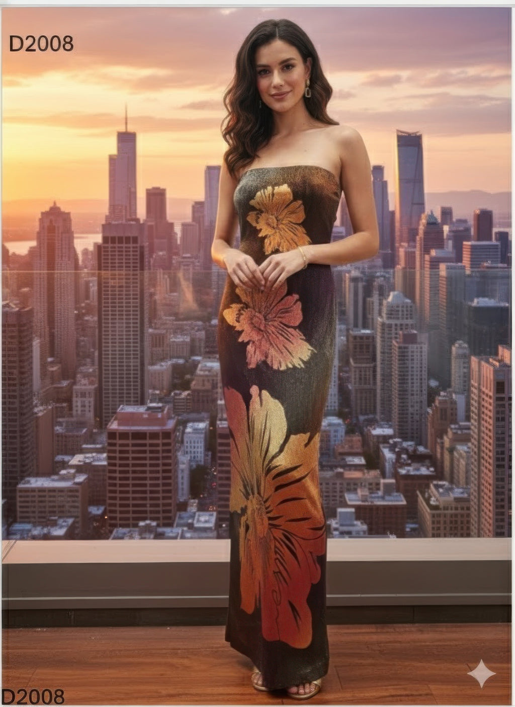 Metallic flower tube maxi dress, strapless sweetheart with orange-gold floral print
