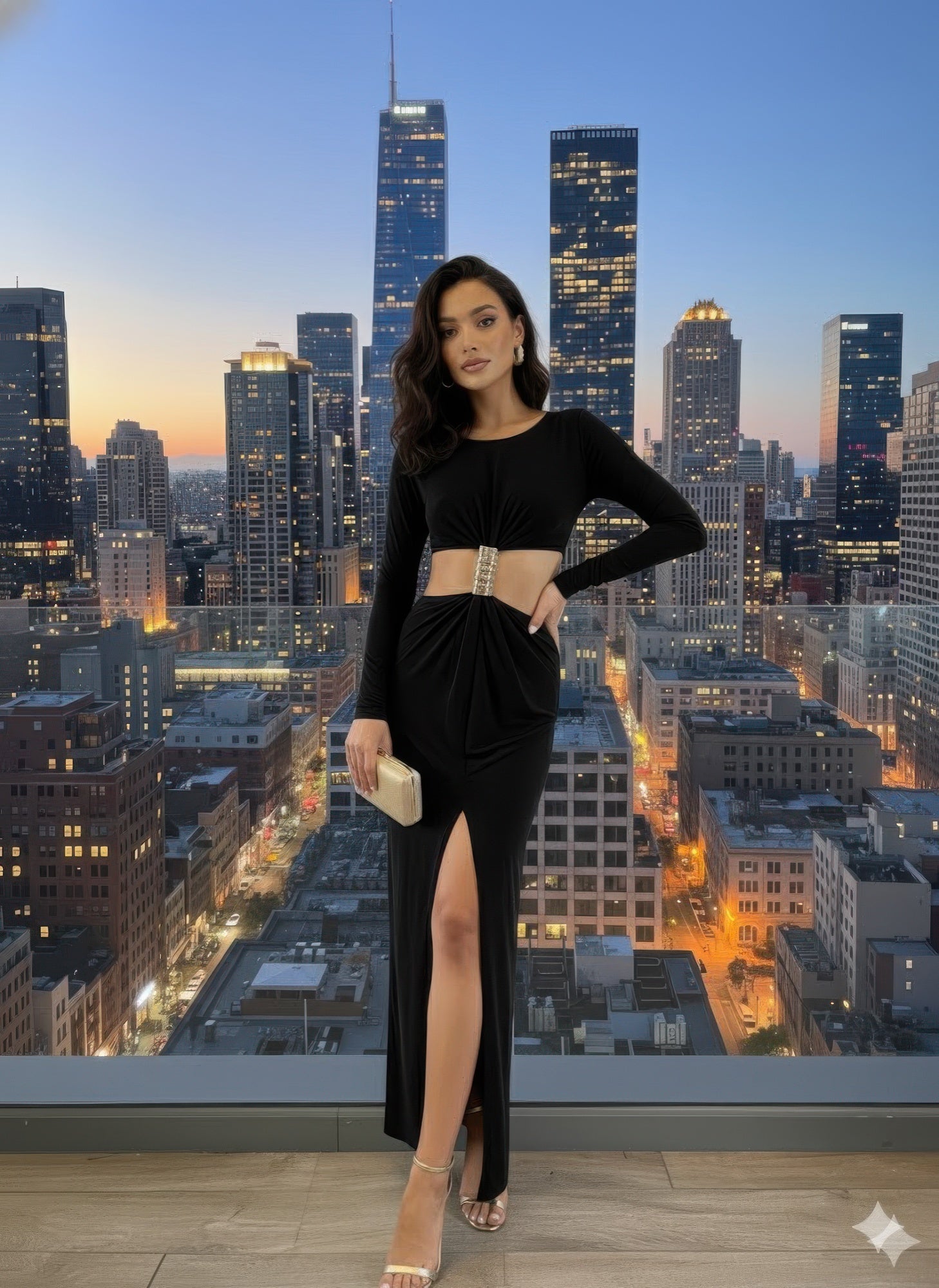Black mockneck maxi dress with long sleeves, gathered waist detail and thigh-high slit