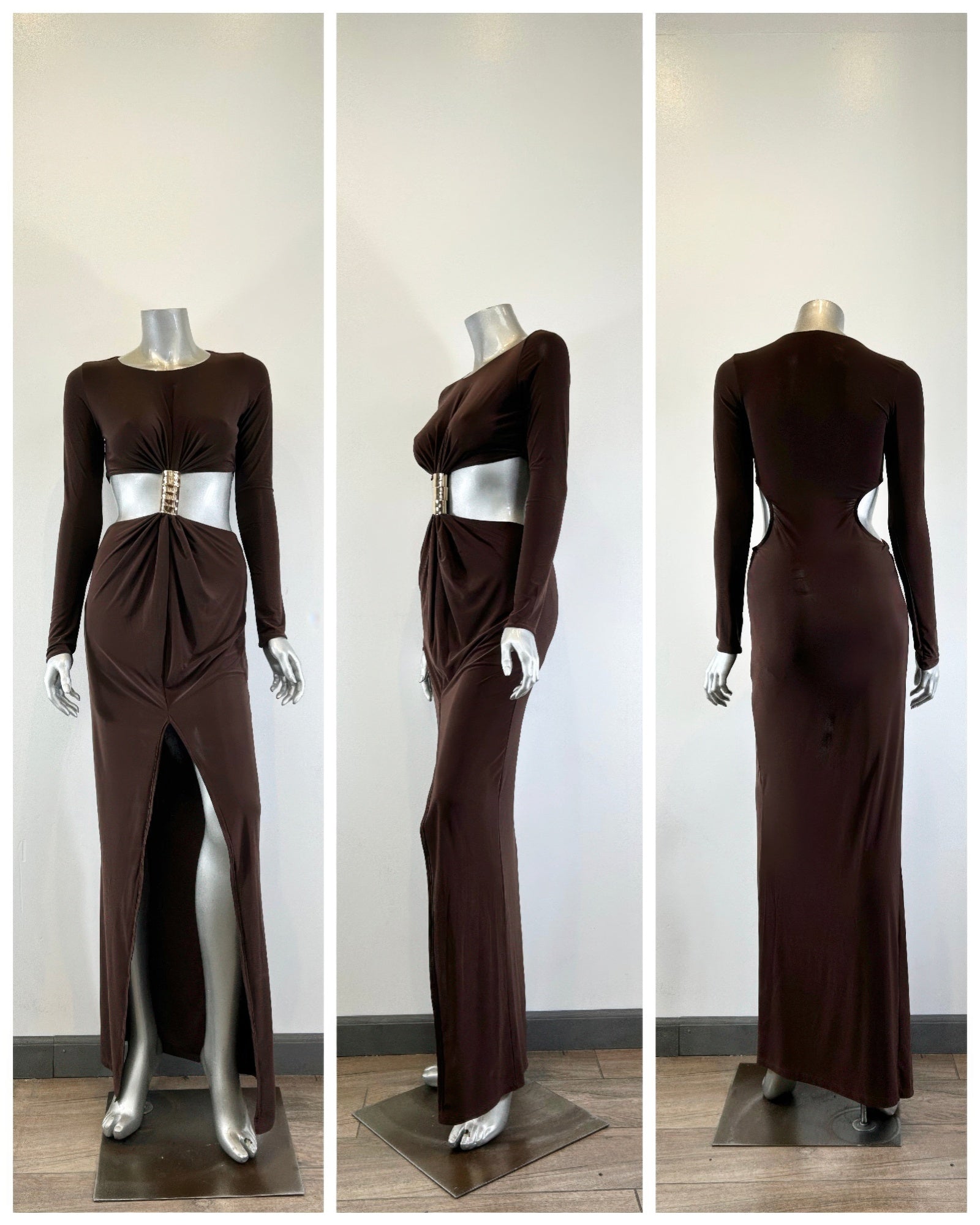 Dark brown mockneck maxi dress shown front, side, and back angles on mannequins